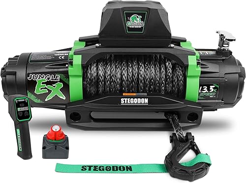 Miniatura 15 de Winch - Cabrestante eléctrico de 13000 libras, cabrestante de cuerda sintética de 12 V, cabrestante de campo áspero con cable Hawse Fairlead, mango