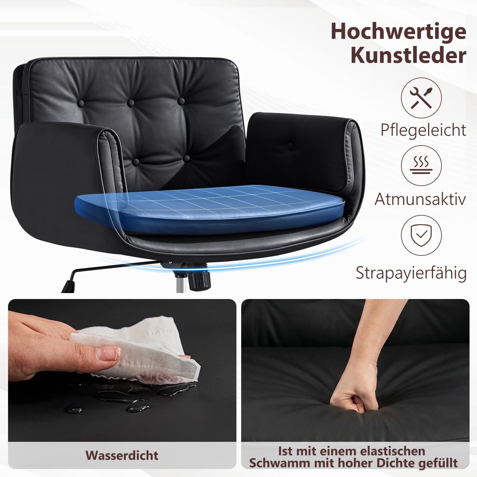 Bürostuhl Ergonomisch mit 5-Stufig Verstellbare Armlehnen, Schreibtischstuhl mit Breitem Sitzkissen, PU Leder Schneidersitz Stuhl mit Neigefunktion, Höhenverstellbar Drehstuhl, Schwarz
