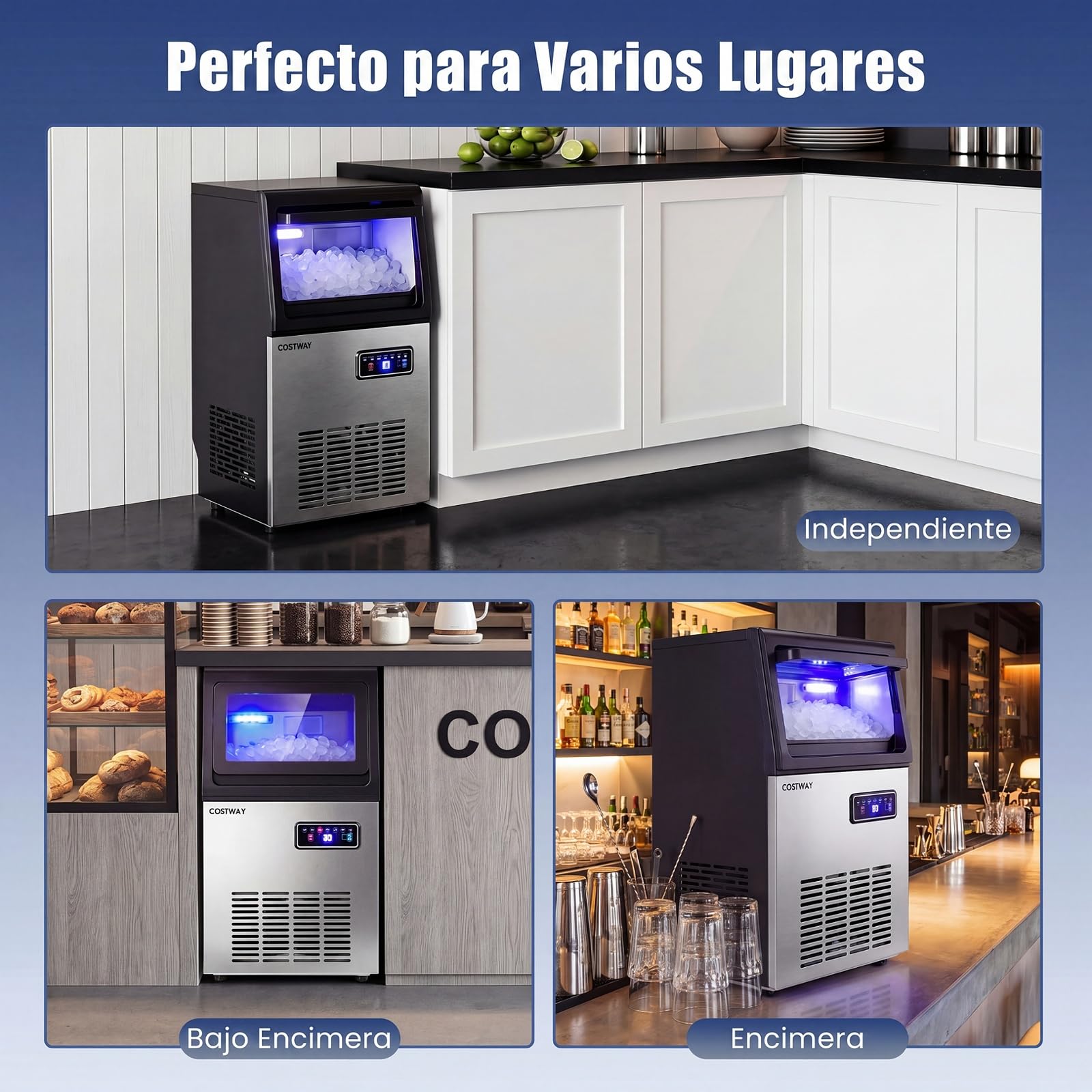 COSTWAY Máquina de Hielo Comercial, 41 kg/Día, Cubitos de Hielo Masticables | Ice Maker, Autolimpieza y Cuchara, Hielera de Acero Inoxidable para Cocina, Bar