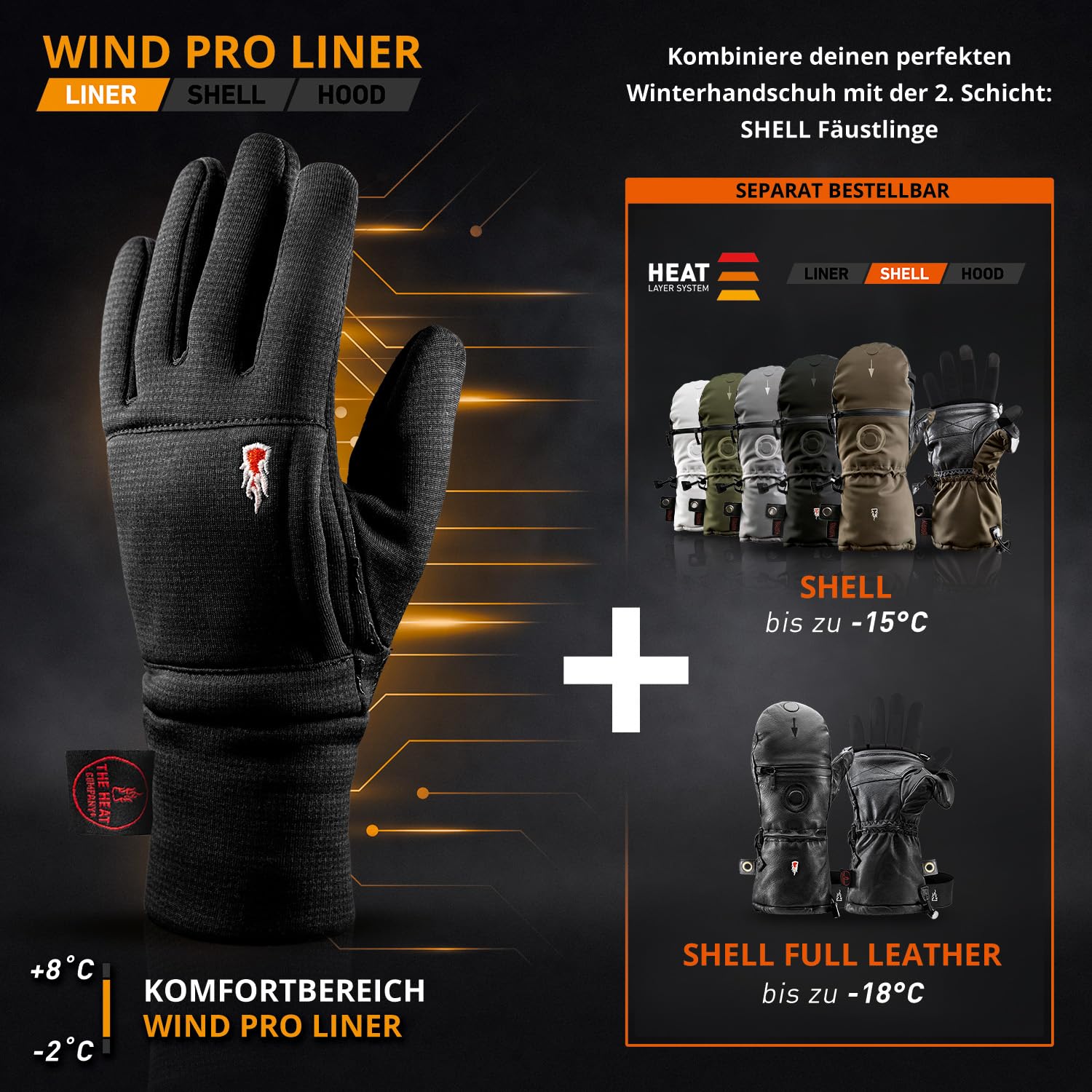 THE HEAT COMPANY – Wind PRO Liner - Windabweisende- Premium Qualität - Wasserabweisend - Touchscreen Handschuhe Herren & Damen - Winterhandschuhe: Fahrradhandschuhe & Laufhandschuhe