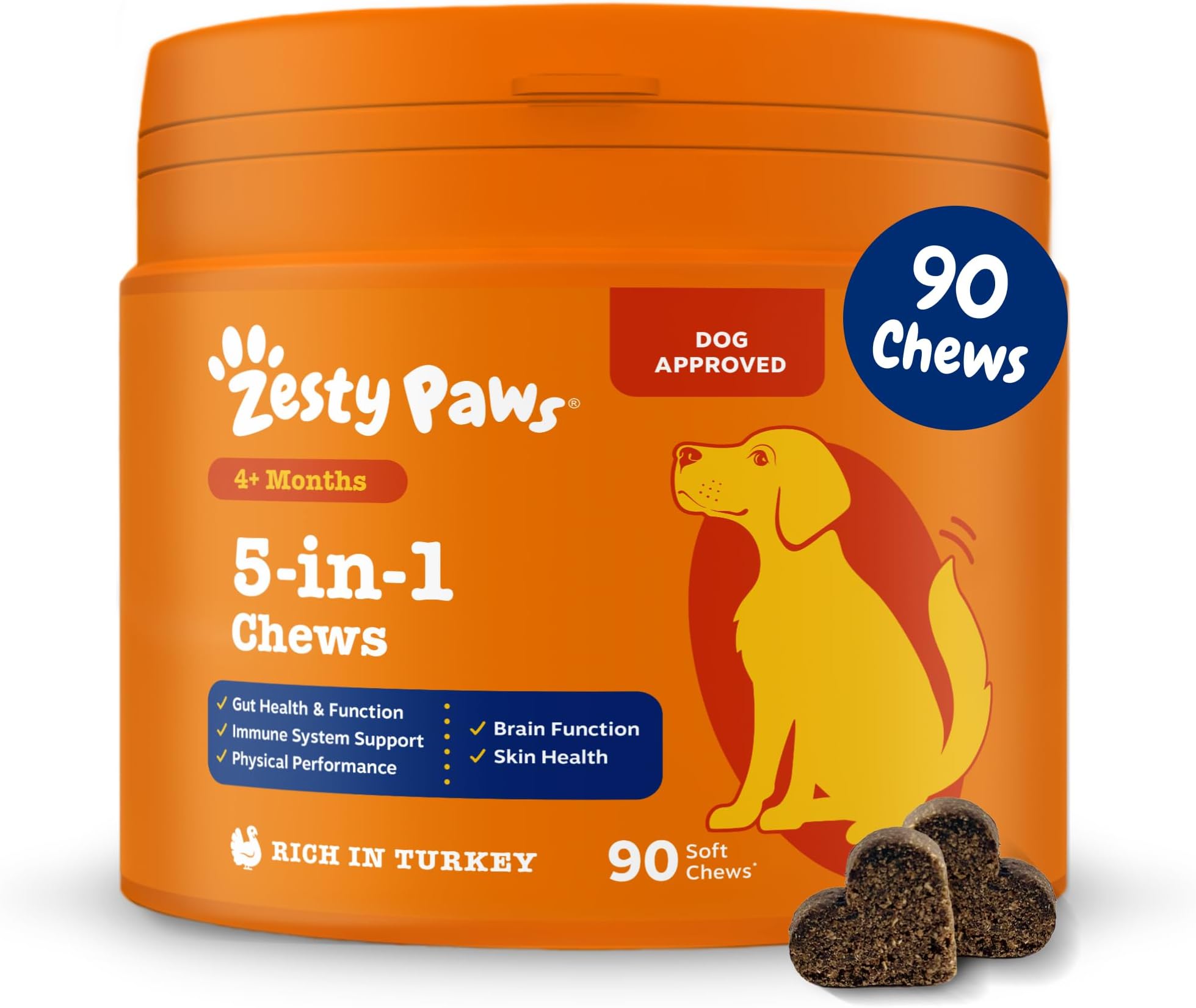 Zesty Paws 5in1 Multivitamins for Dogs, Rich in Turkey, 90 Chews
