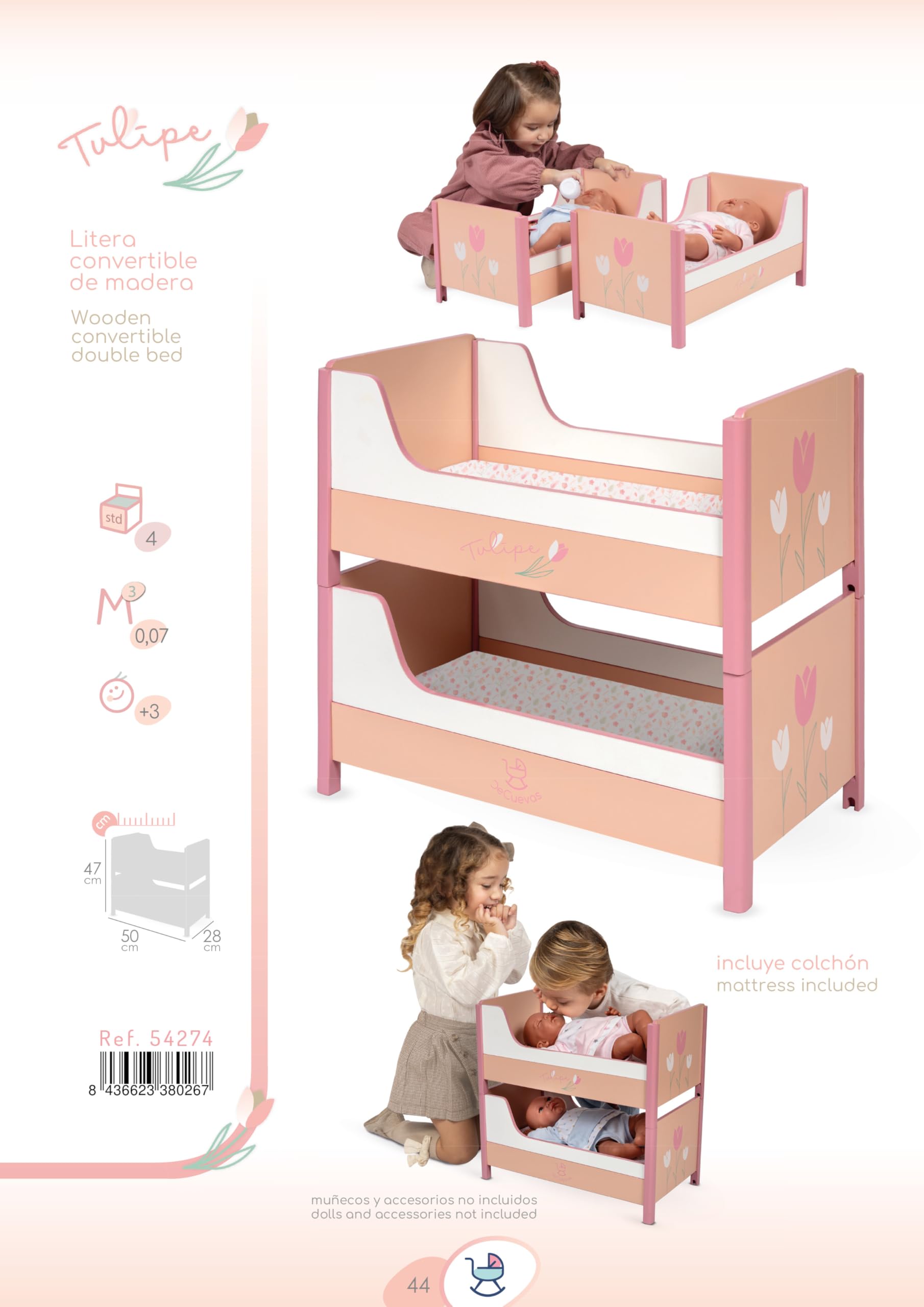DE CUEVAS TOYS- Litera Madera Muñecas, Color Rosa, Grande (54274)