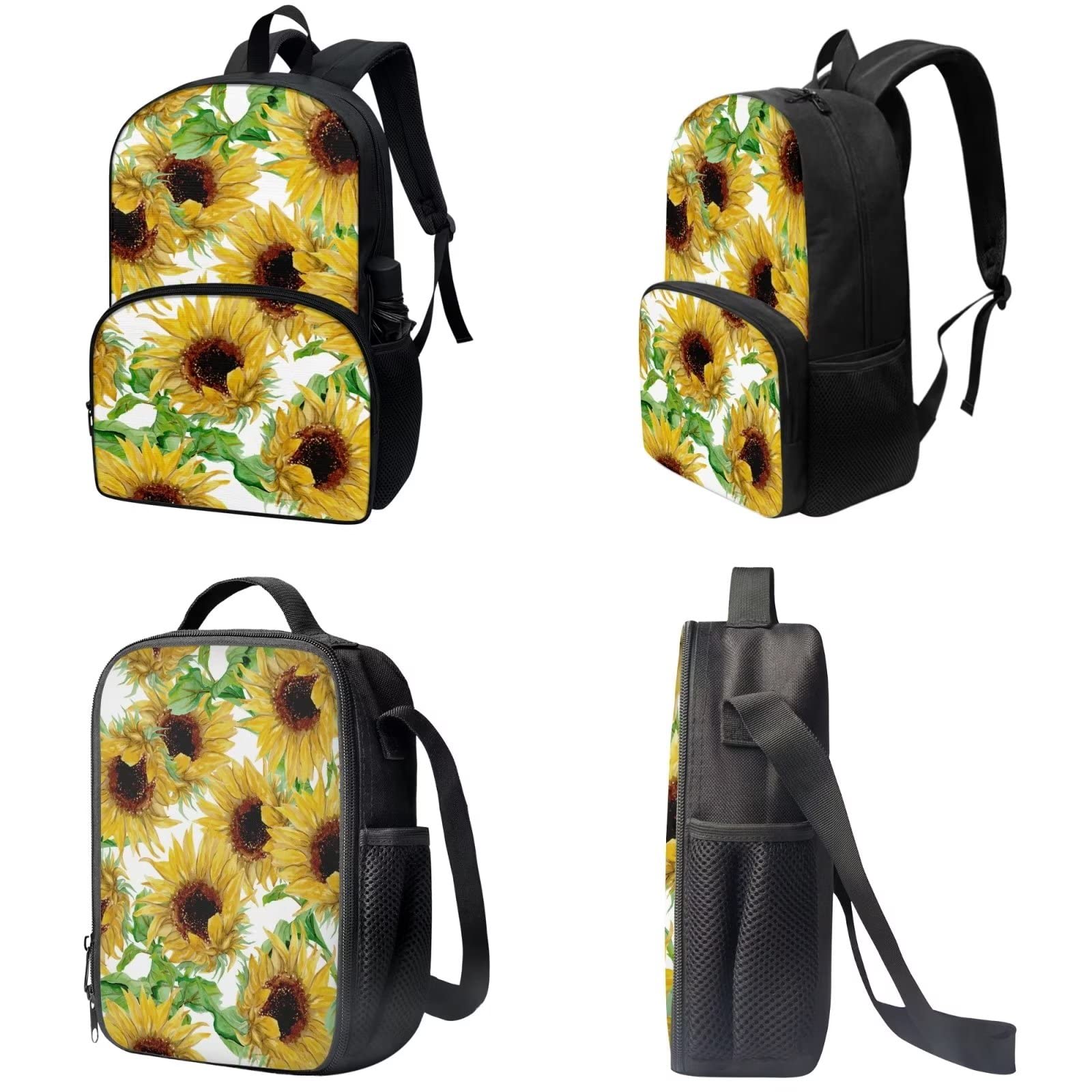 Poceacles Schultasche und Lunchbox-Set für Teenager, Jungen, Grundschule, Büchertasche, Federmäppchen für Grundschulkinder, Sonnenblumen, Einheitsgröße