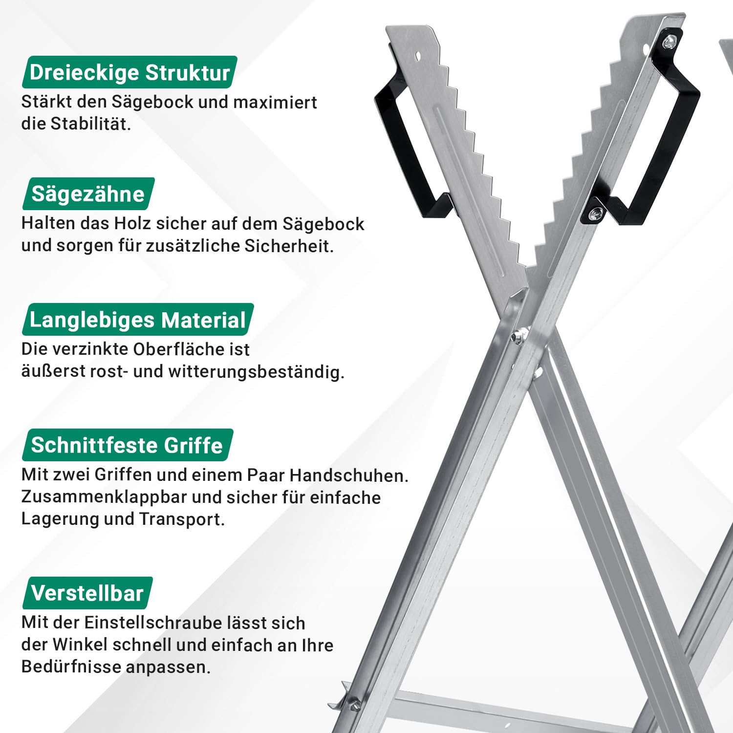 Cavalletto per sega in legno zincato pieghevole con 3 supporti e dentatura, pieghevole per legna da ardere fino a Ø 23 cm, max. 150 kg, supporto per sega