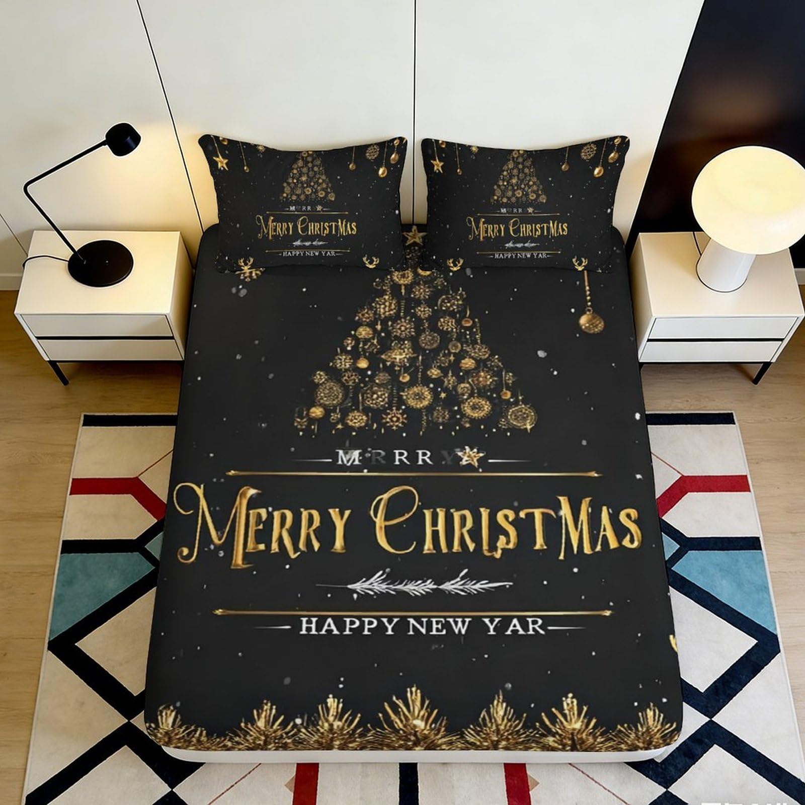 3D Printed Christmas Tree Fitted Sheet Microfiber Gold Black Merry Christmas Bed Cover for Bedroom Guest Room Decor 90x200x25cm
