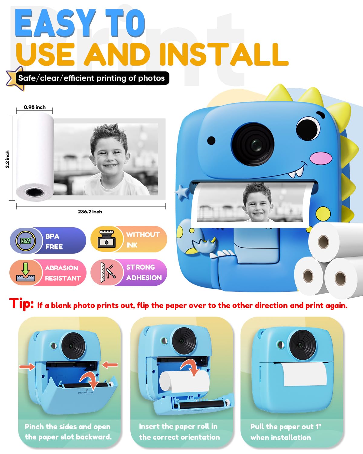 Cámara de impresión instantánea para niños con funda de silicona de dinosaurio, cámara digital 1080P, 3 rollos de papel de impresión, cumpleaños para niños y niñas de 3 a 8 años (azul)