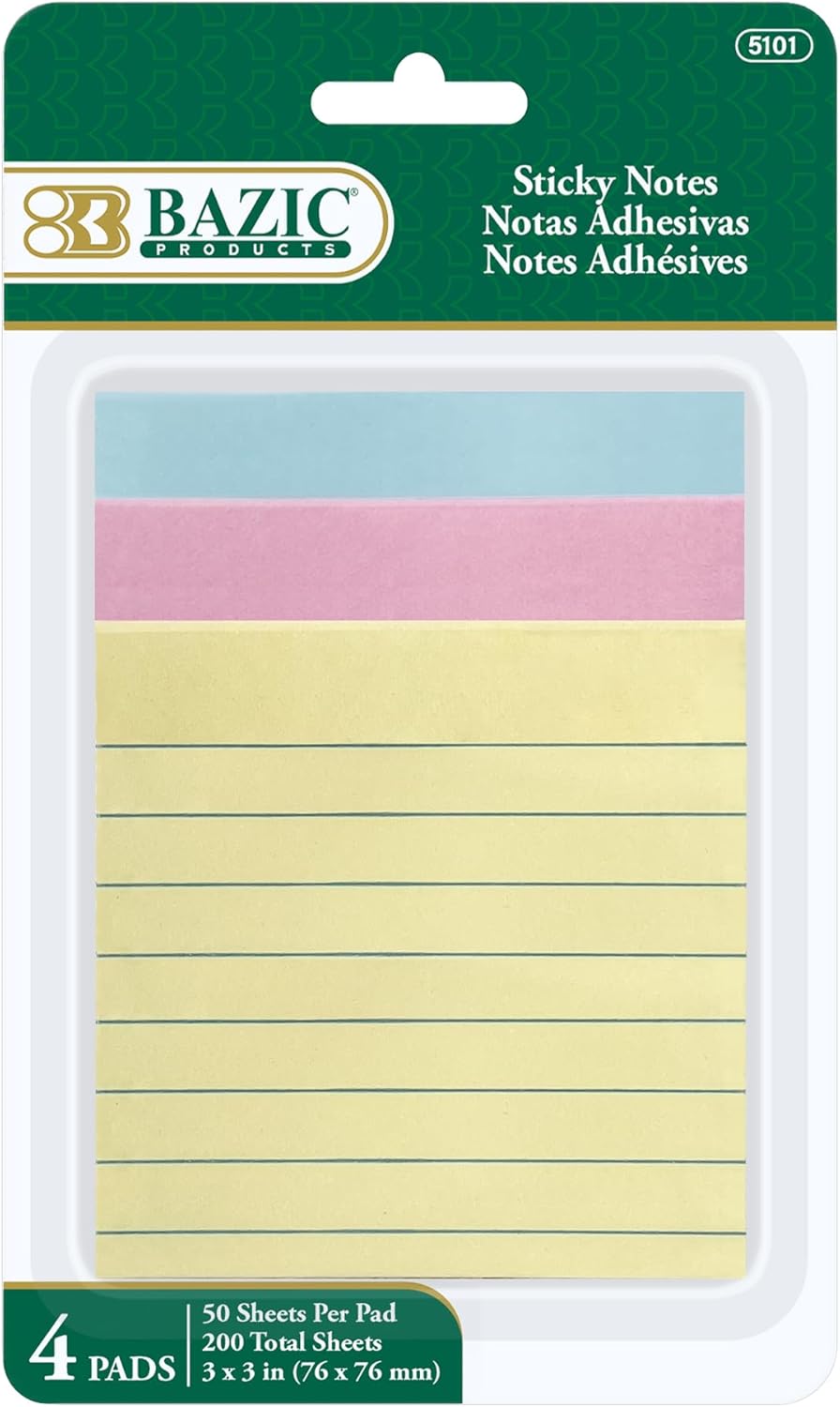 BAZIC Products Sticky Notes 3x3 Lined Ruled Assorted Color Post Stickies, Self Stick Note, Colorful Adhesive Memo Pads, Recyclable (120 Sheets/Pack), 24-Packs
