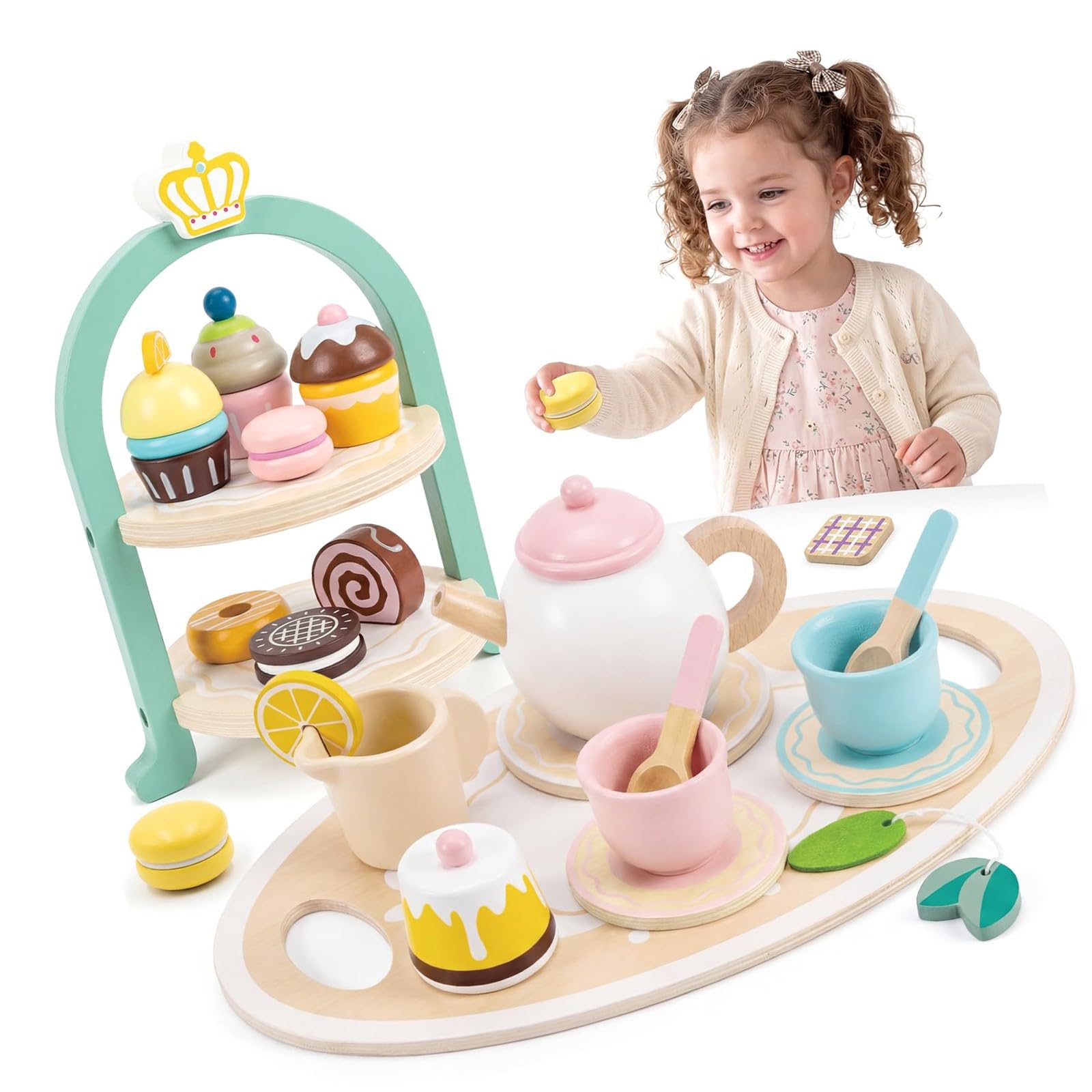 Juego de postres de madera para niños, juguete de cocina con utensilios, regalo de aprendizaje para niños y niñas, juego de cocina de cumpleaños, fiesta de té de madera, juego de cocina para niños de
