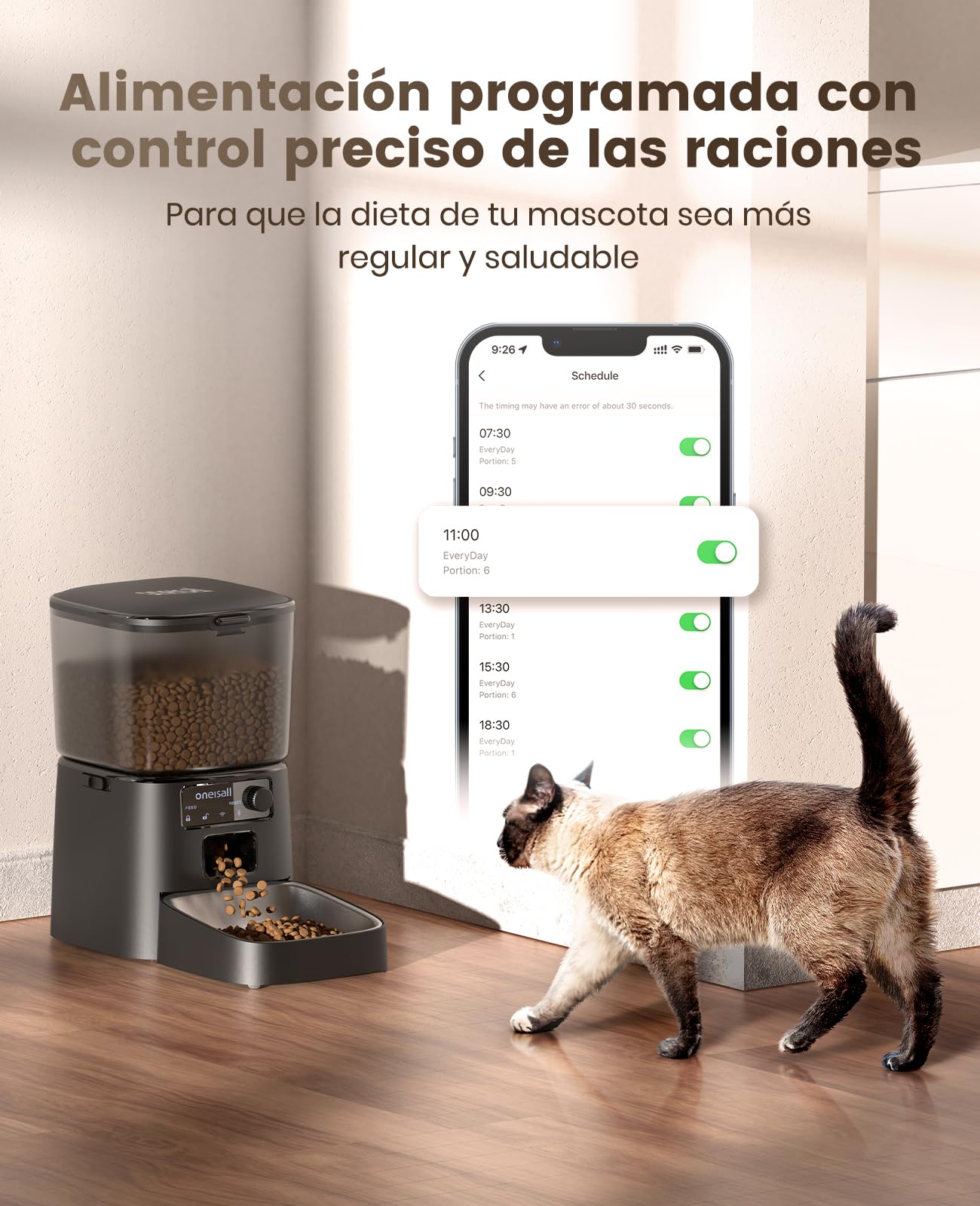 oneisall 3.5L Comedero automático para Gatos, Comedero Inteligente WiFi para Gatos, Control App, 1-10 Comidas al día, Dispensador de Comida para Gato/Perro, con Cuenco de Acero Inoxidable