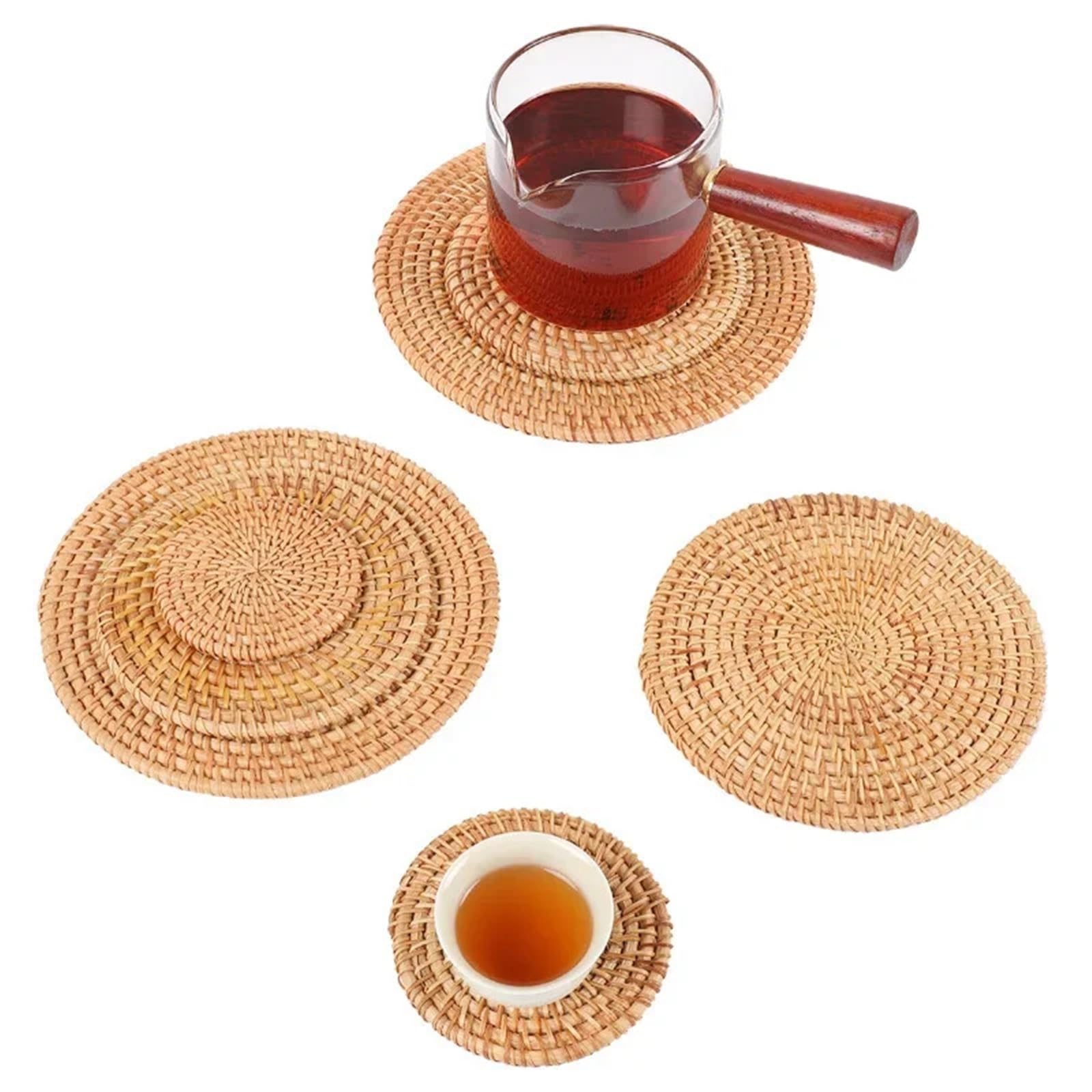 1 Set (6 Stück) handgewebter Rattan-Untersetzer Für Tisch | Runde Hot Pads aus Korbgeflecht, hitzebeständige Topflappen for Teekannen, Pfannen und Tischschutz
