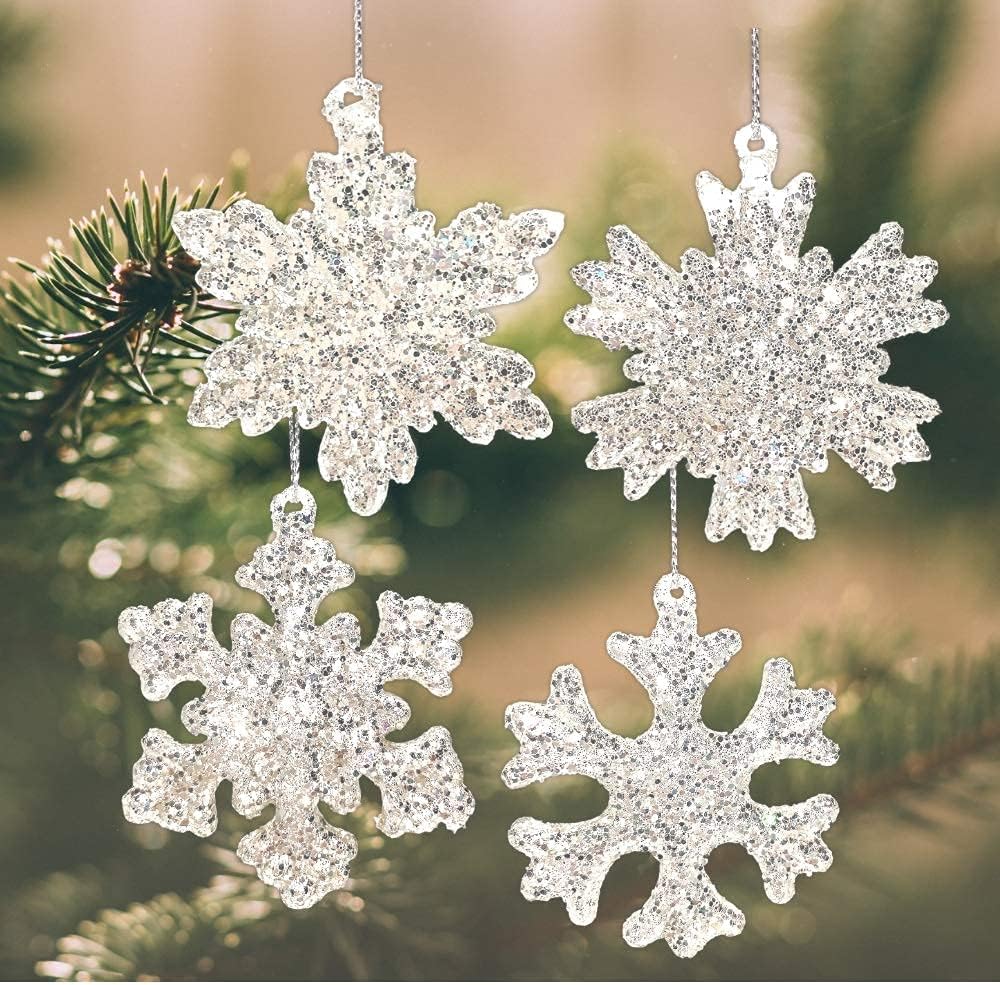 Snowflake Christmas Ornaments Set of 4 Silver Glitter Glass Snowflakes 4 Styles