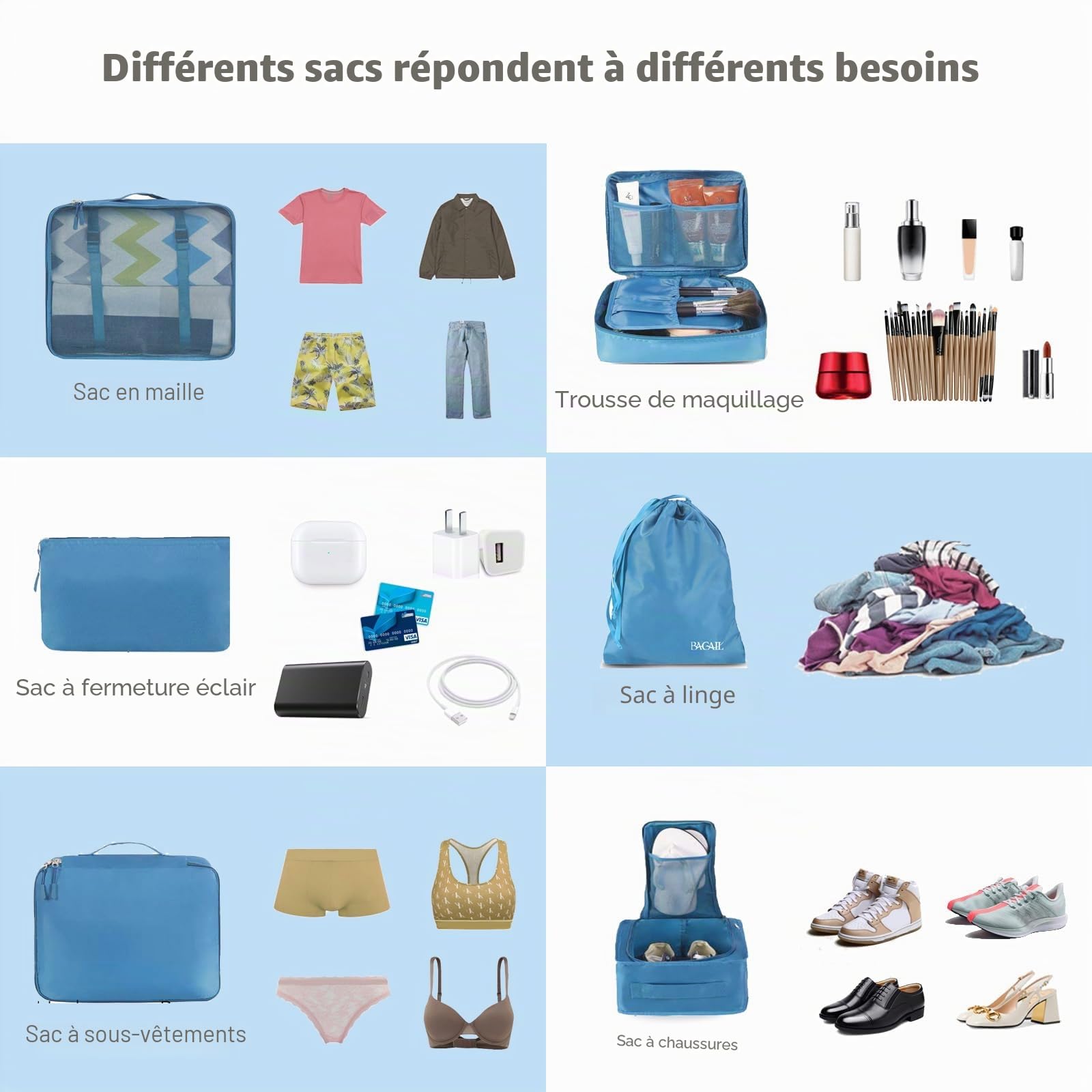 BAGAIL Set de 8 cubes de rangement pour valise, organisateurs légers pour bagages et accessoires de voyage, Bleu