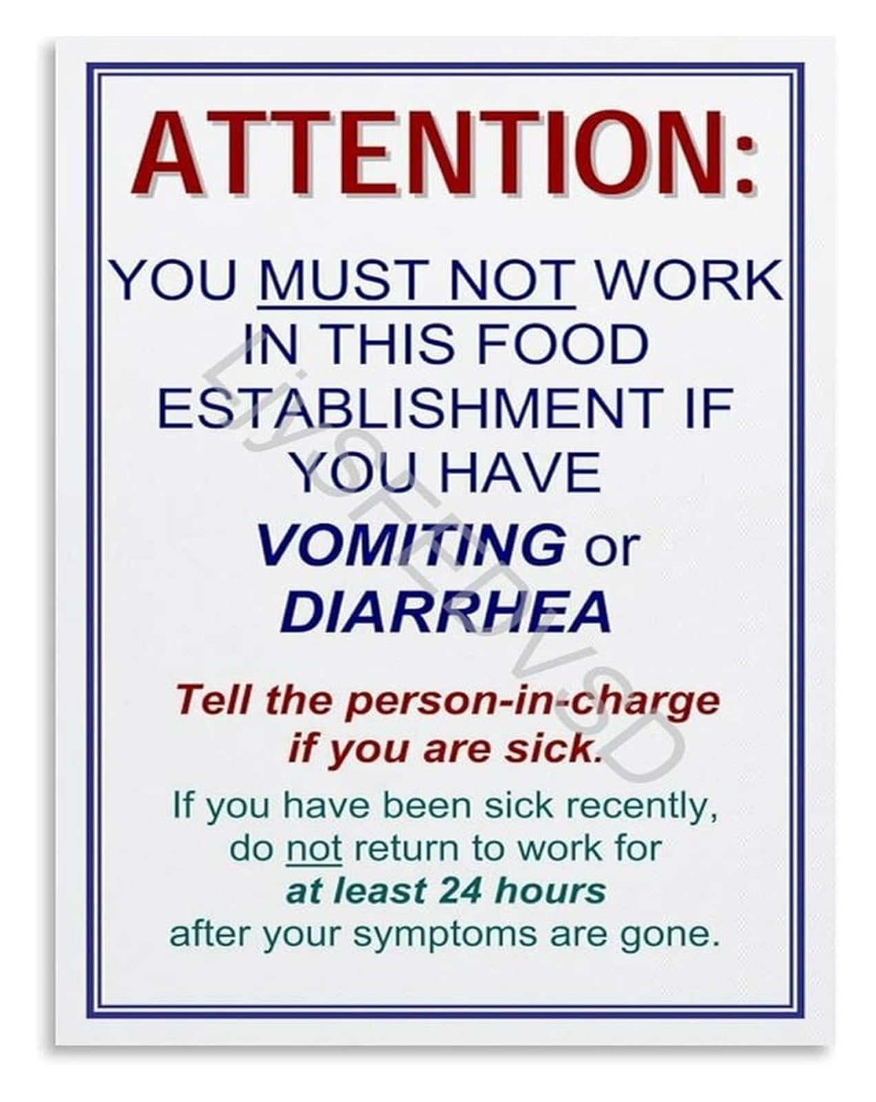 FOPURE Workplace Food Poster Employee Illness Reporting Notice Compliance Canvas Wall-Art for Kitchen Staff Area(Framed,12x18inch(30x45cm))