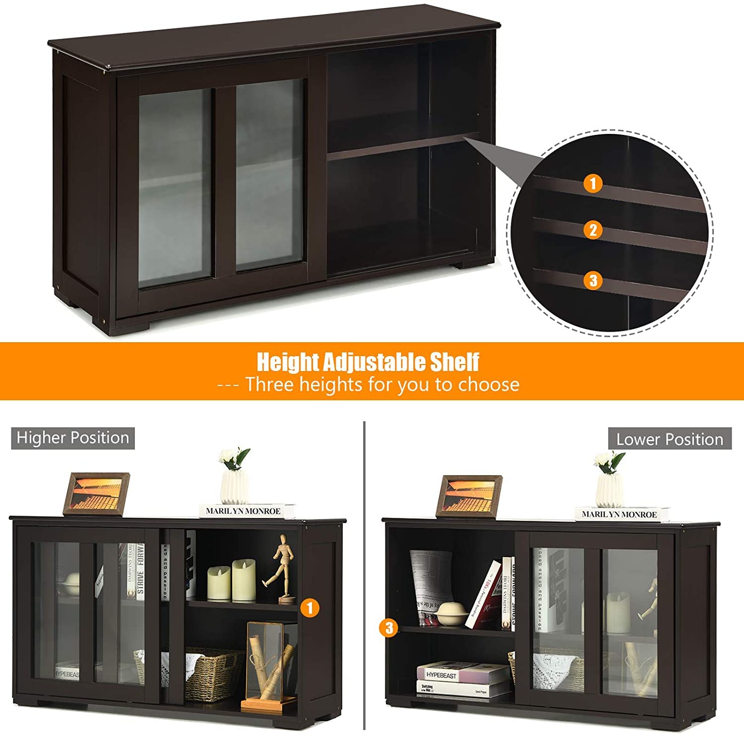 Hysache - Armario de almacenamiento de bufé de cocina, aparador apilable con puertas correderas y estante ajustable en altura, armario pequeño para el hogar, cocina, comedor (color espresso) (HW53867) 3