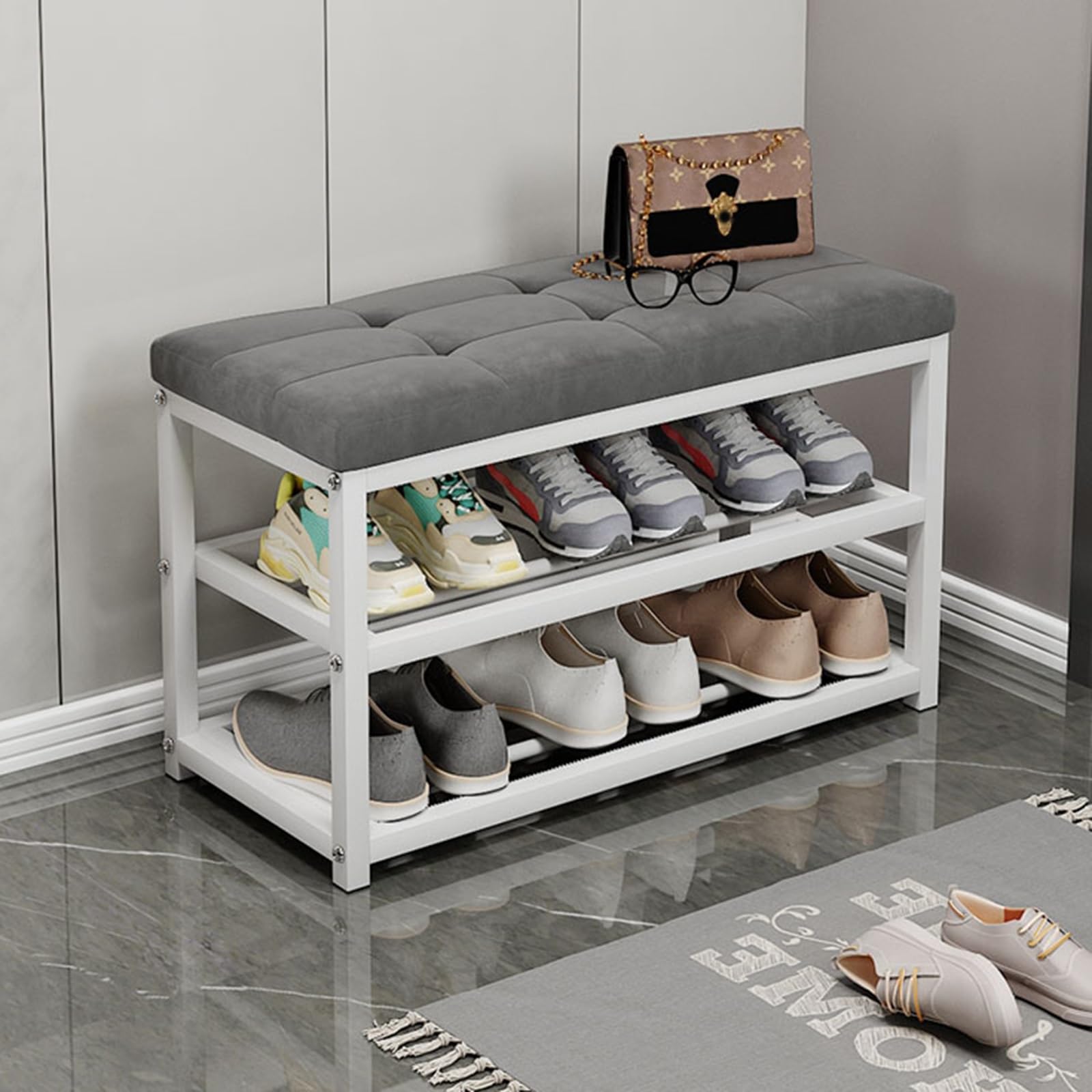 MSHGSKU Shoe Rack Bench with Cushion - Entryway Organizer for Living Room, Hallway, Mudroom - 3-Tier Metal Frame Bench, Holds 300 lbs