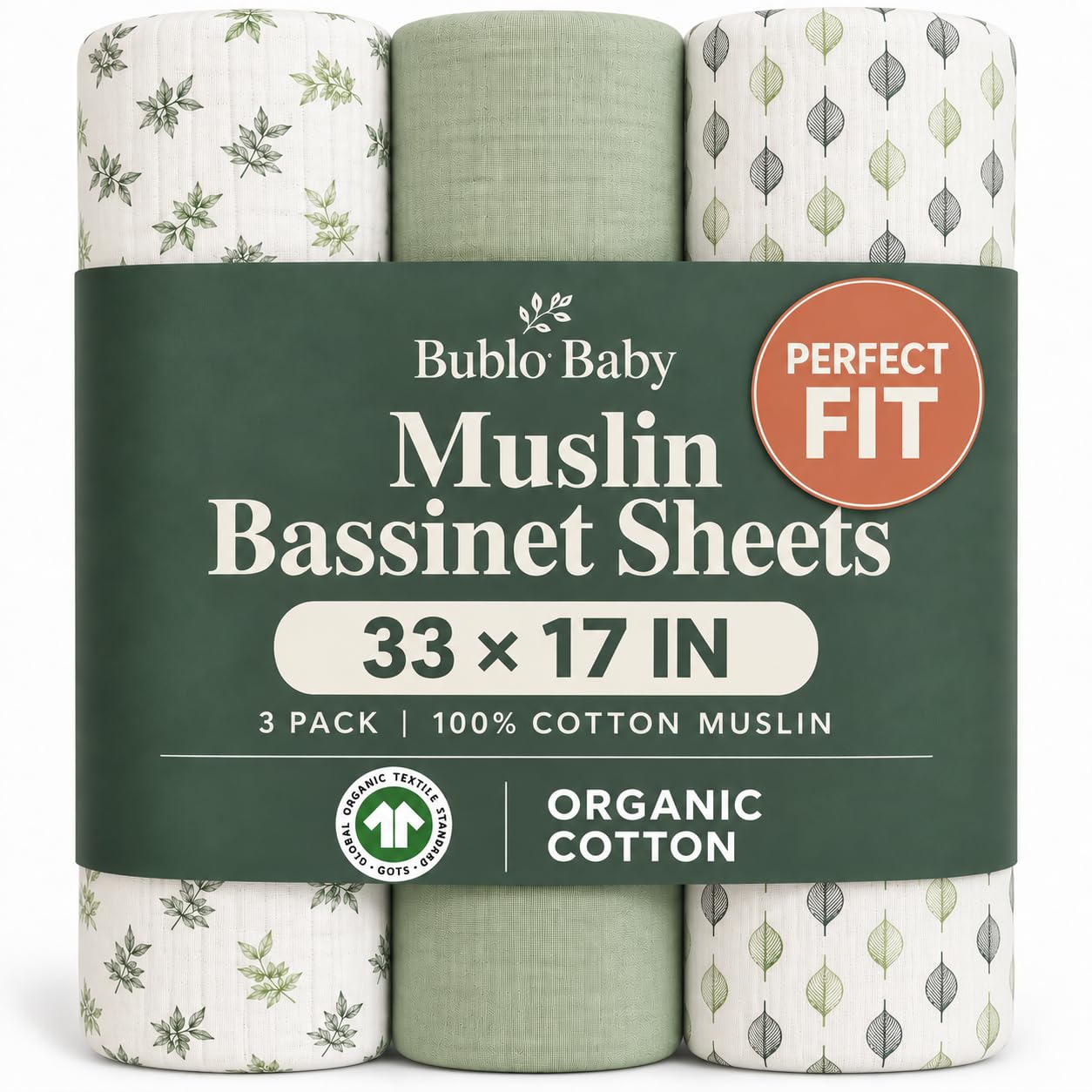 Organic Muslin Bassinet Sheets 3 Pack, 33x17x4 Fitted Sheet for Newborn Boys &amp; Girls, Soft Breathable 100% Cotton, Fits Halo BassiNest, Baby Delight, Graco, Oval &amp; Rectangle Mattress