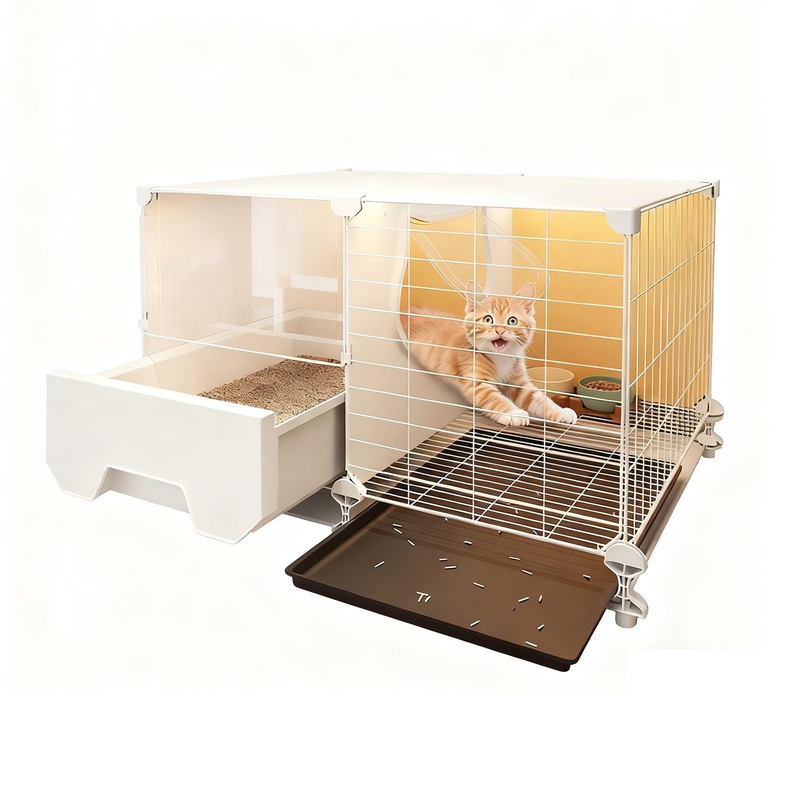 Gabbia per Gatti da Interno con Lettiera, Recinto Multifunzione in Pannelli PP e Rete Metallo, Facile da Pulire per Gatti Conigli Piccoli Animali(70x45x42cm)