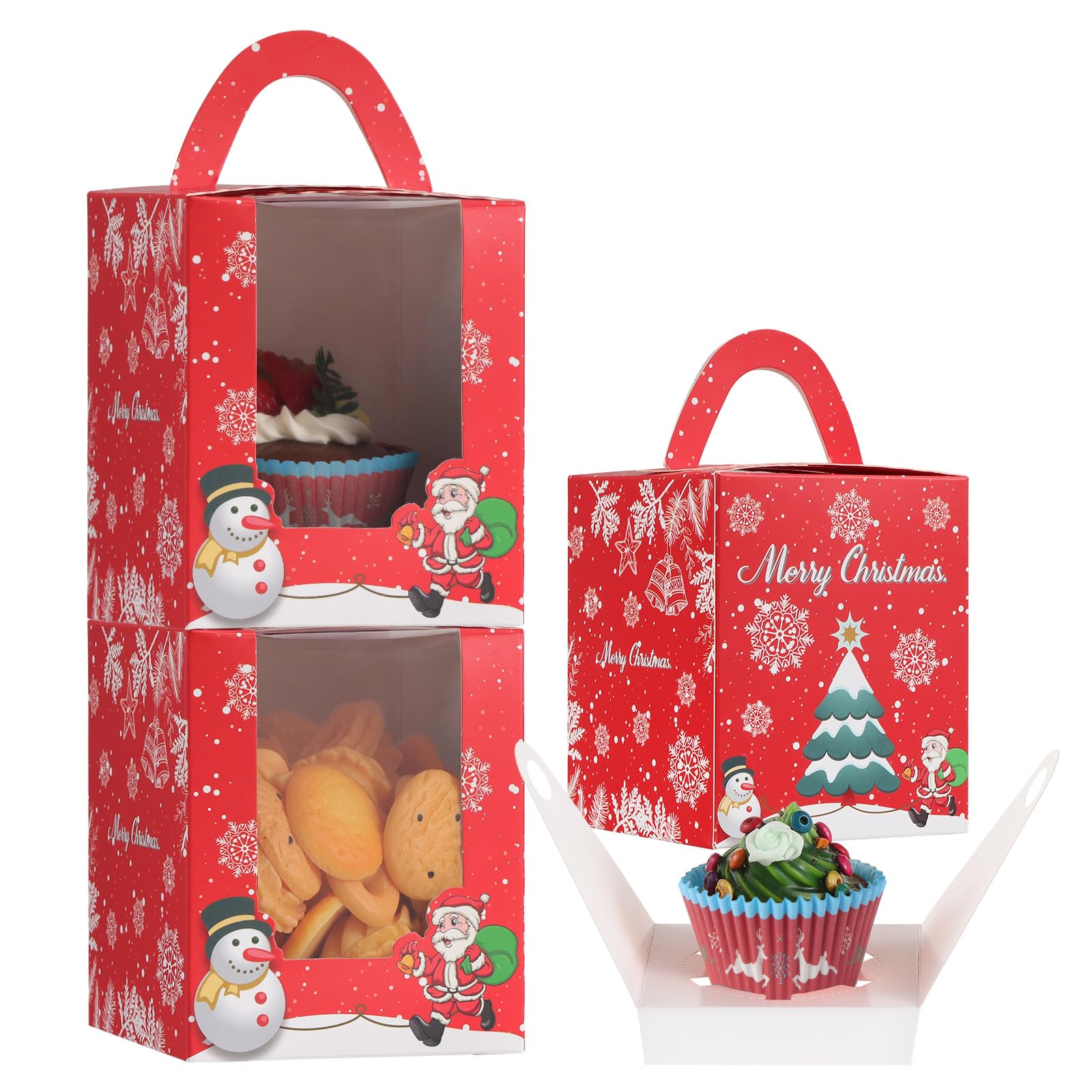 TsunNee 50pcs Christmas Muffin Boxes & Liners - Cupcake Carrier, Gift Boxes for Pastries Cookies, Brownies & Donuts