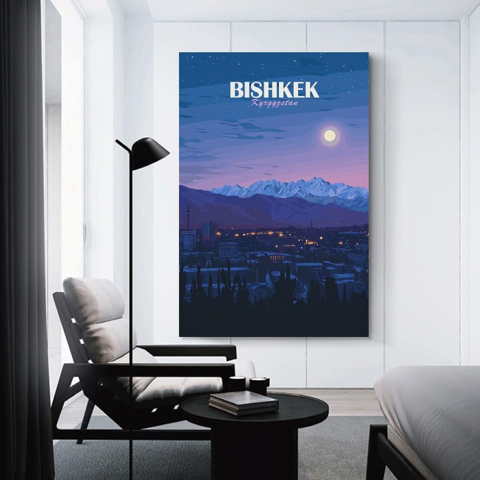 Junmoney Bishkek Kyrgyzstan Night Cityscape Decorative Wall Artwork, 24x36inch(60x90cm), for Home Lounge, Bedroom Or Reading Nook, Easy Decor for Gallery Walls