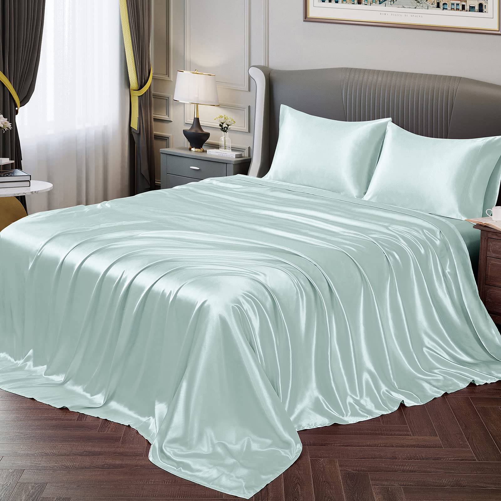 Vonty Satin Sheets King Silky Soft Satin Bed Sheets Ice Blue Sheet Set, 1 Deep Pocket Fitted Sheet + 1 Flat Sheet + 2 Pillowcases — image 1