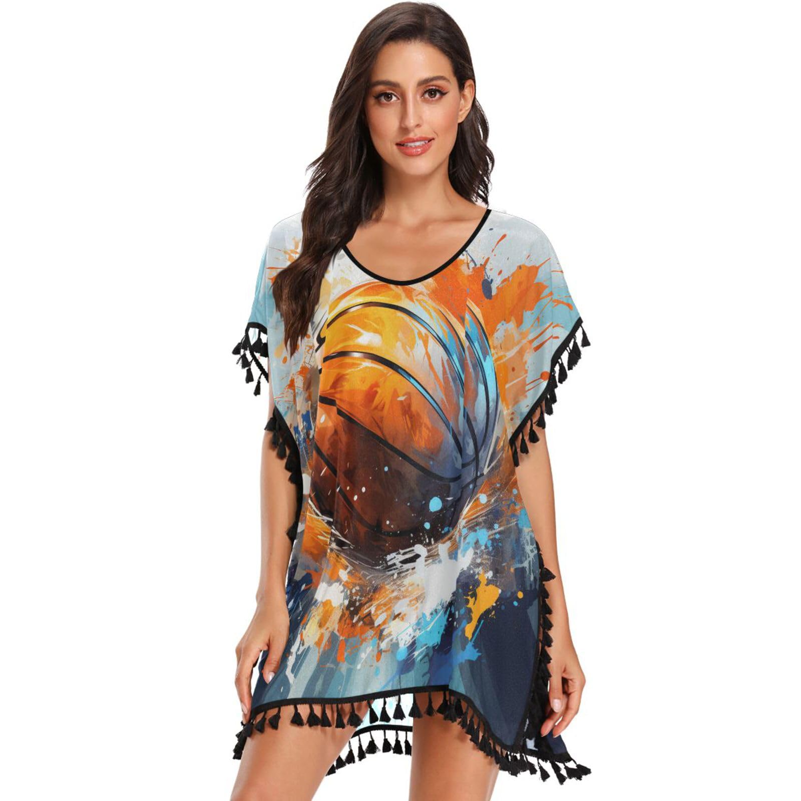 Hand Drawing Basketball Art Women's Beach Cover Up Chiffon Tassel Swimwear Swimsuit Coverups for Girl