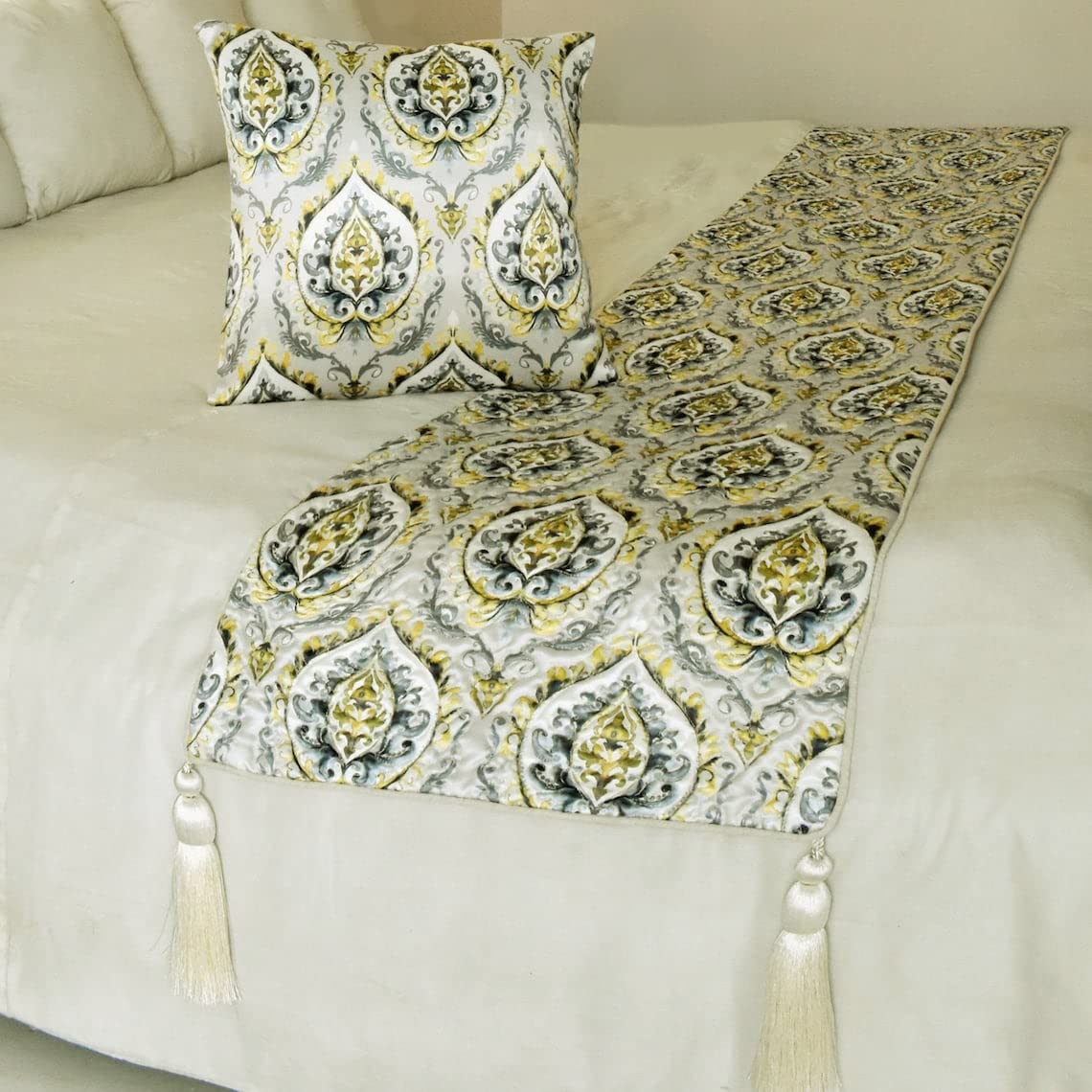 The HomeCentric King/Queen/Twin Grey & Yellow Designer Queen 185x45 cm Bed Runner With 2 Cushion cover, Quilted, Damask & Tassels Bed Scarf on Jacquard fabric - Flamey Damask — image 1