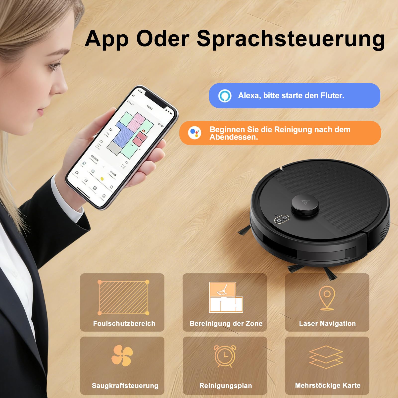 Saugroboter mit Wischfunktion bis zu 5000Pa LiDAR Navigation 5 Karten | 2 in 1 Staubsauger Roboter Sturzsicherung, Selbstladend, Teppichen mit Kurzem Flor und Harten Böden, App/Alexa-Schwarz