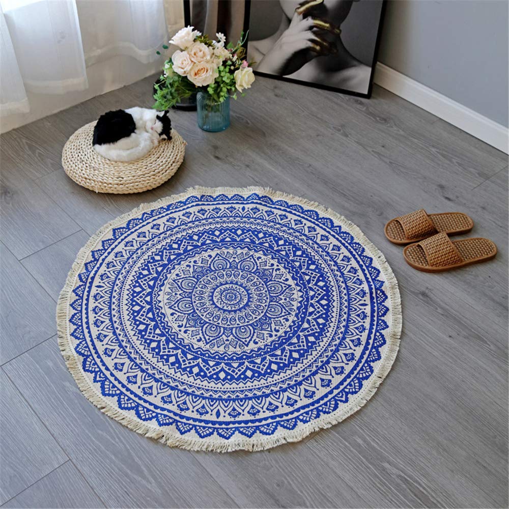 Morbuy Blue Round Area Rug Carpet Handmade Rug, Machine Washable Indian Floor Mats With Tassels Hand Woven Printed Kitchen Runner For Bedroom Living Room (92Cm,)