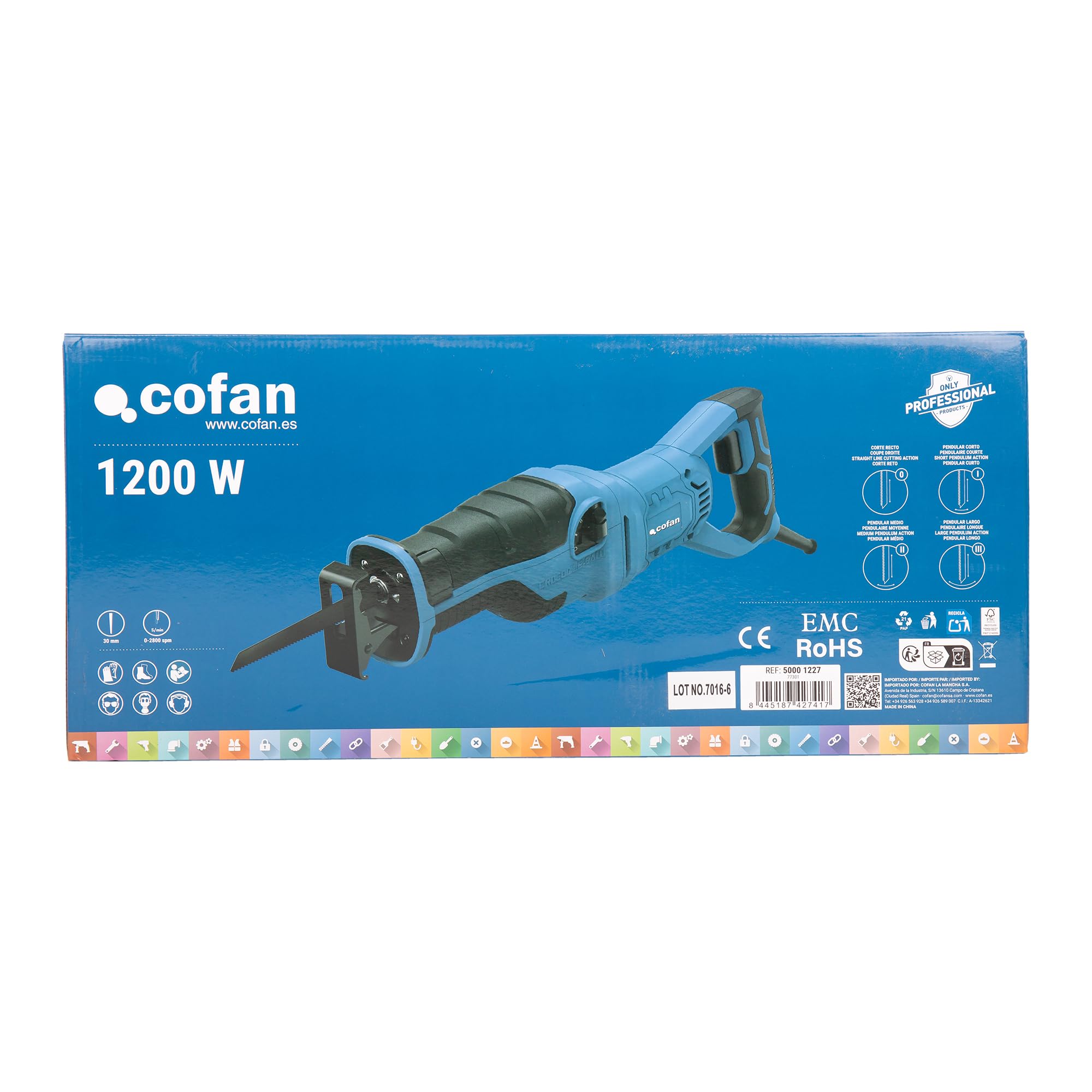 Cofan Sierra de sable con cable 1200 W, velocidad 2800 rpm, 30 mm, corte recto + 3 acciones pendulares, cambio de hoja sin herramientas, velocidad variable, 1 hoja de sierra incluida