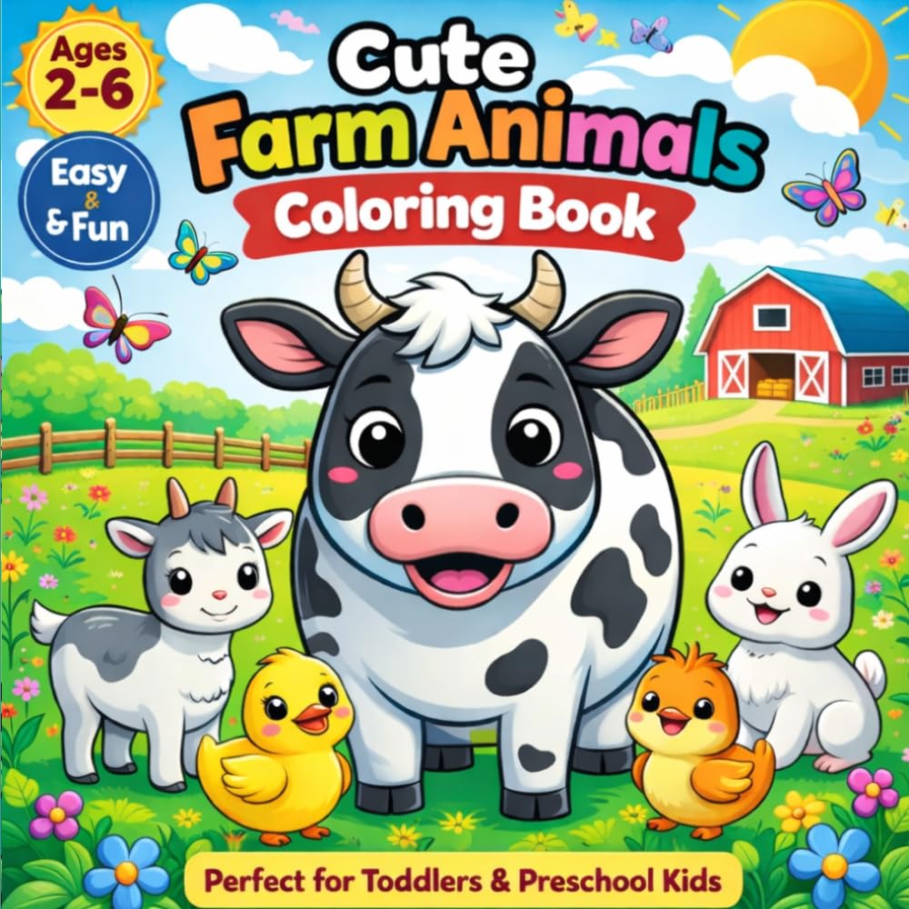 Cute Farm Animals Coloring Book: Perfect for Toddlers & Preschool Kids: Easy & Fun Bold and Easy Coloring Pages for Ages 2-6