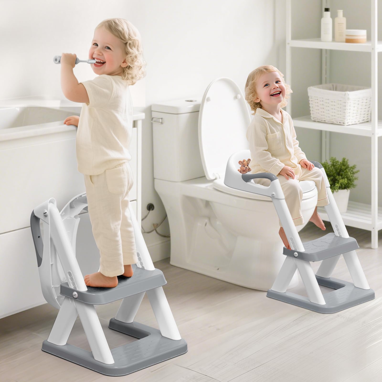 SKYROKU 8868 Potty Training Seat with Step Stool - Adjustable Height, Non-Slip, Splash-Proof, Foldable 2-in-1 Toddler Potty Seat with Armrests and Replaceable Cushion - Fits Most Toilets (Grey)