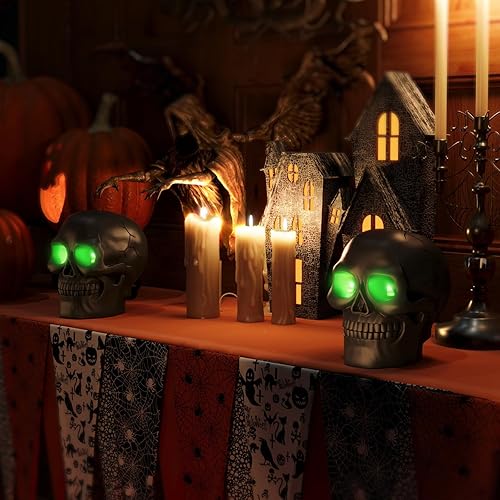 Miniatura 5 de Patiphan Vela sin llama de calavera de Halloween con ojos iluminados y temporizador, estatua de vela de esqueleto de cera aterradora, funciona con