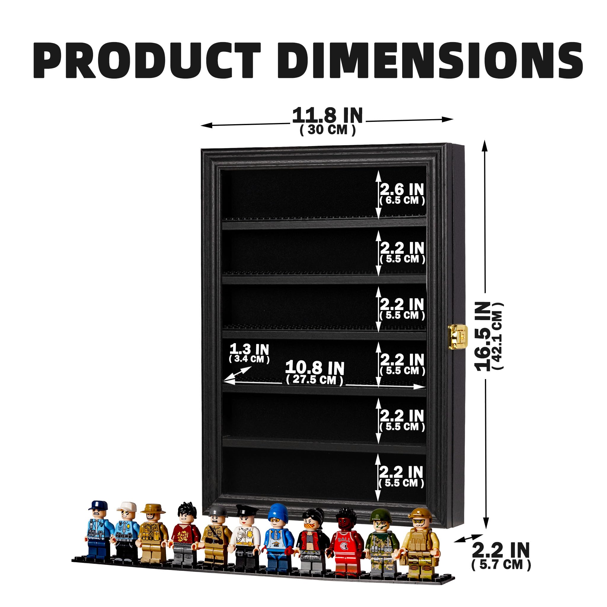 Minifigur Vitrine - Baustein Spielzeug Wandschrank Vitrine für kleine Miniatur-Sammlerstücke Mini Marken Fingerhüte, 5,71cm Höhe Regal abschließbar UV-Schutz Tür (Klein - Schwarzer Rahmen)