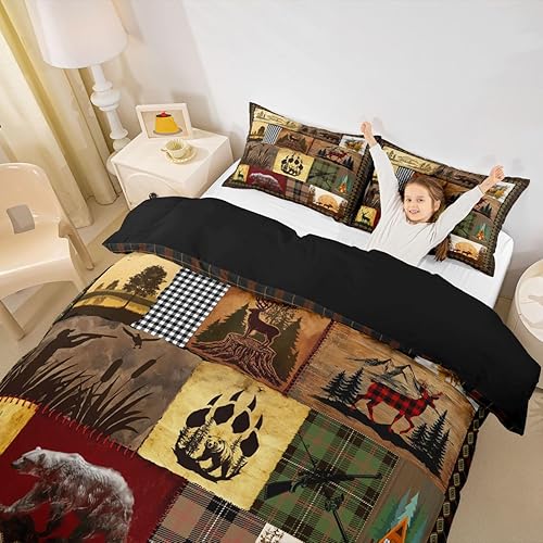 Miniatura 5 de Juego de ropa de cama rústica de cabaña estilo cabaña, retazos, osos, ciervos, alces, funda de edredón para adultos y hombres, funda de edredón