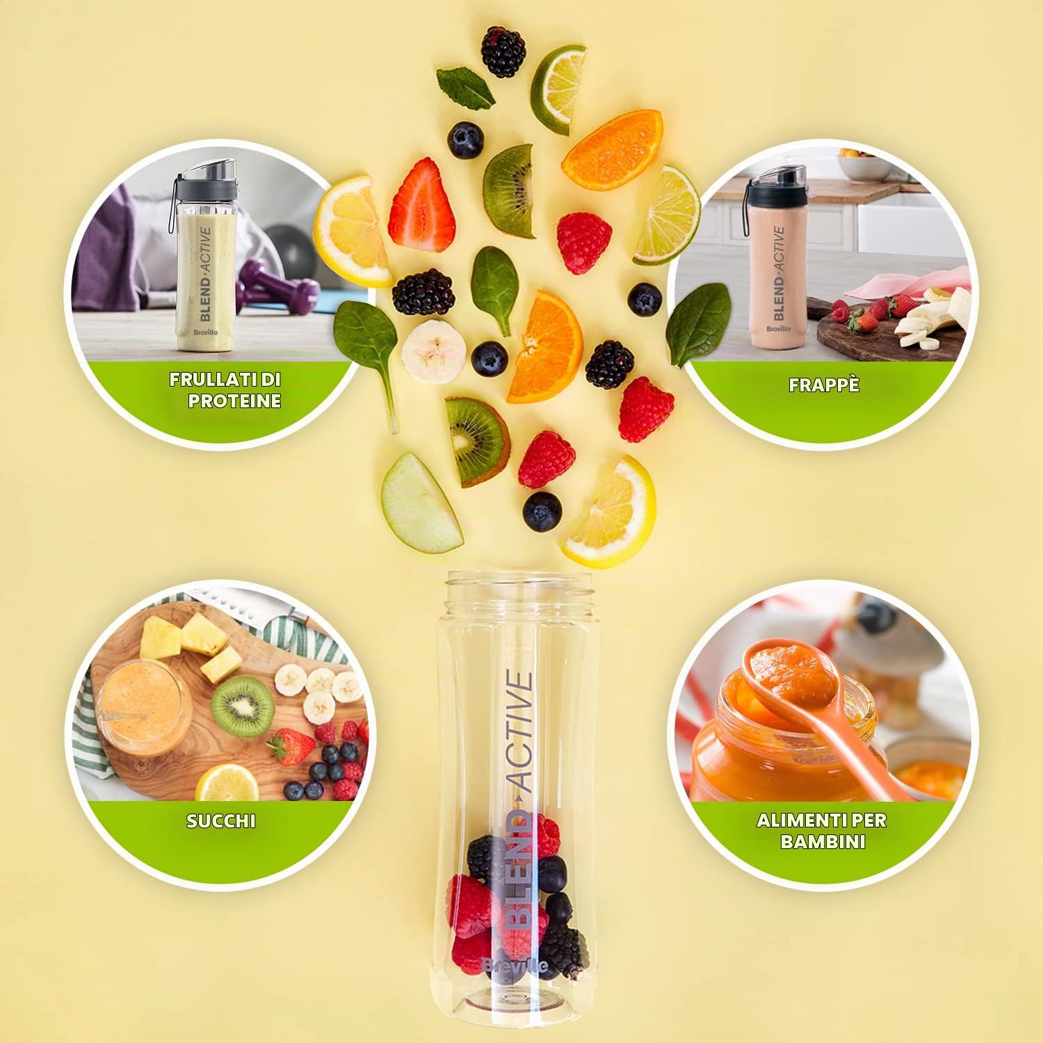 Breville Blend Active Personal Blender & Smoothie Maker | 350 W | Confezione famiglia | 4 flaconi attivi portatili (300 ml | 600 ml) | coperchi a prova di perdite | Bianco e verde [VBL252]