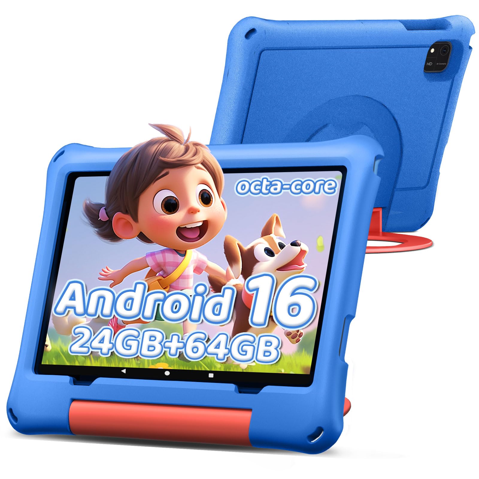 10 inch Kids Tablet, Android 16 Tablet for Kid, Octa-Core Processor, 24GB RAM, 64GB ROM 1TF Card Expandable for Toddler Children,Tablets with Case, Parental Control, 6000mAh, WiFi, BT5.0, Dual Camera