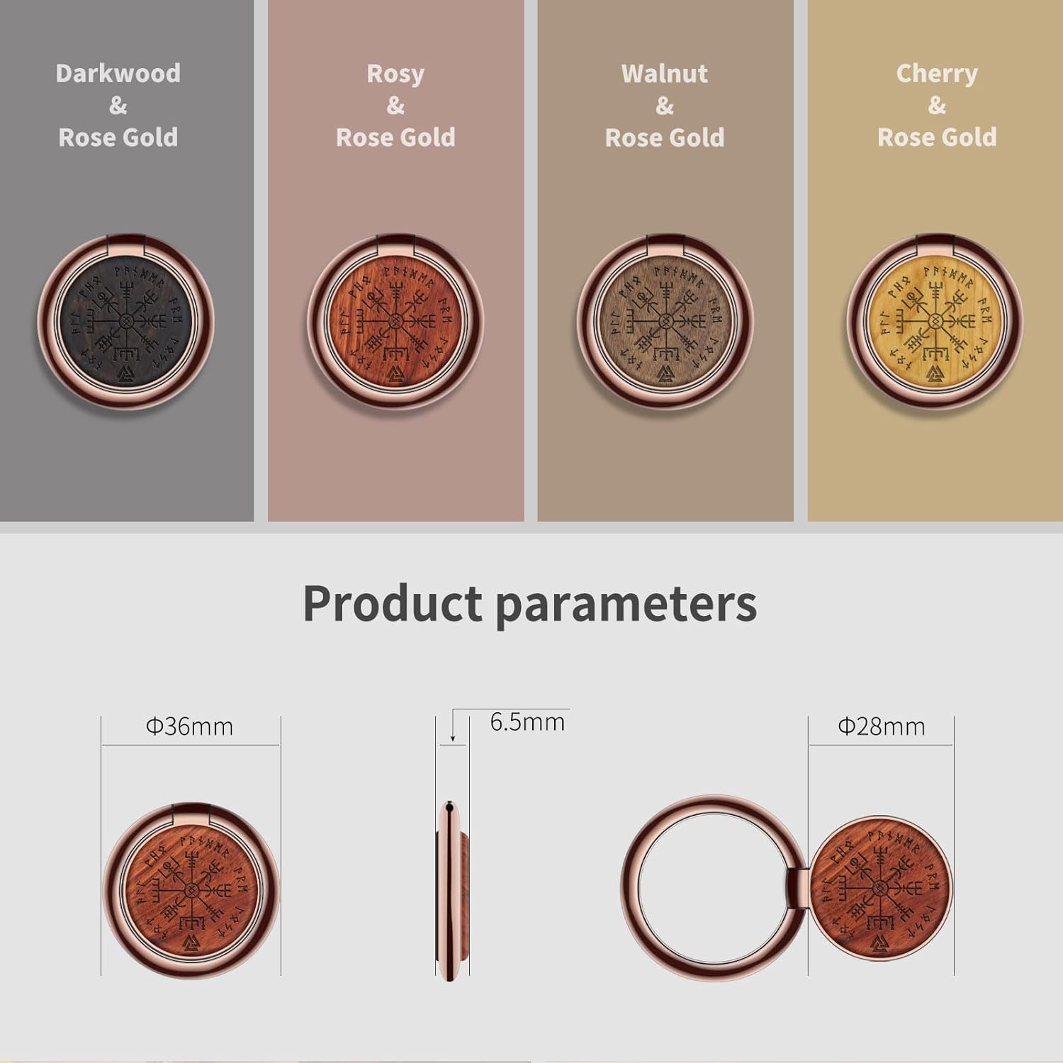 Carveit Wooden Cell Phone Ring Holder Finger Stand Metal Grip Phone Kickstand Compatible with S24 Ultra S23 iPhone 16 Pro Max 13 14 15 Pixel 9-Redwood+Walnut+Cherry/Rose Gold/Viking [3 Pack]