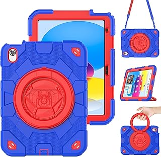 SCSVPN iPad 10th Generation Case, iPad 10.9 inch Case 2022, 3-Layer Defense Shockproof Rugged Kid Proof Cover with 360° Rotate Handle & Portrait/Landscape Stand Pencil Holder Shoulder Strap, Red+ Blue