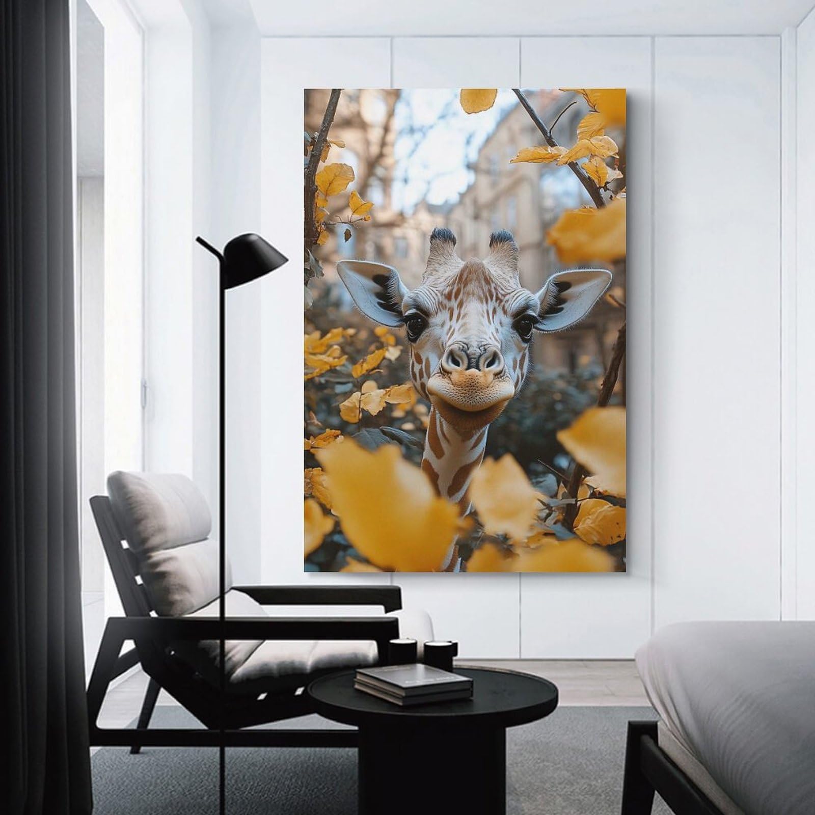 Junmoney Giraffe Portrait with Autumn Leaves Home Decor Wall Art 16x24inch(40x60cm), for Home, Office, Studio Or Guest Room, Canvas Wall Art That Fits Changing Layouts