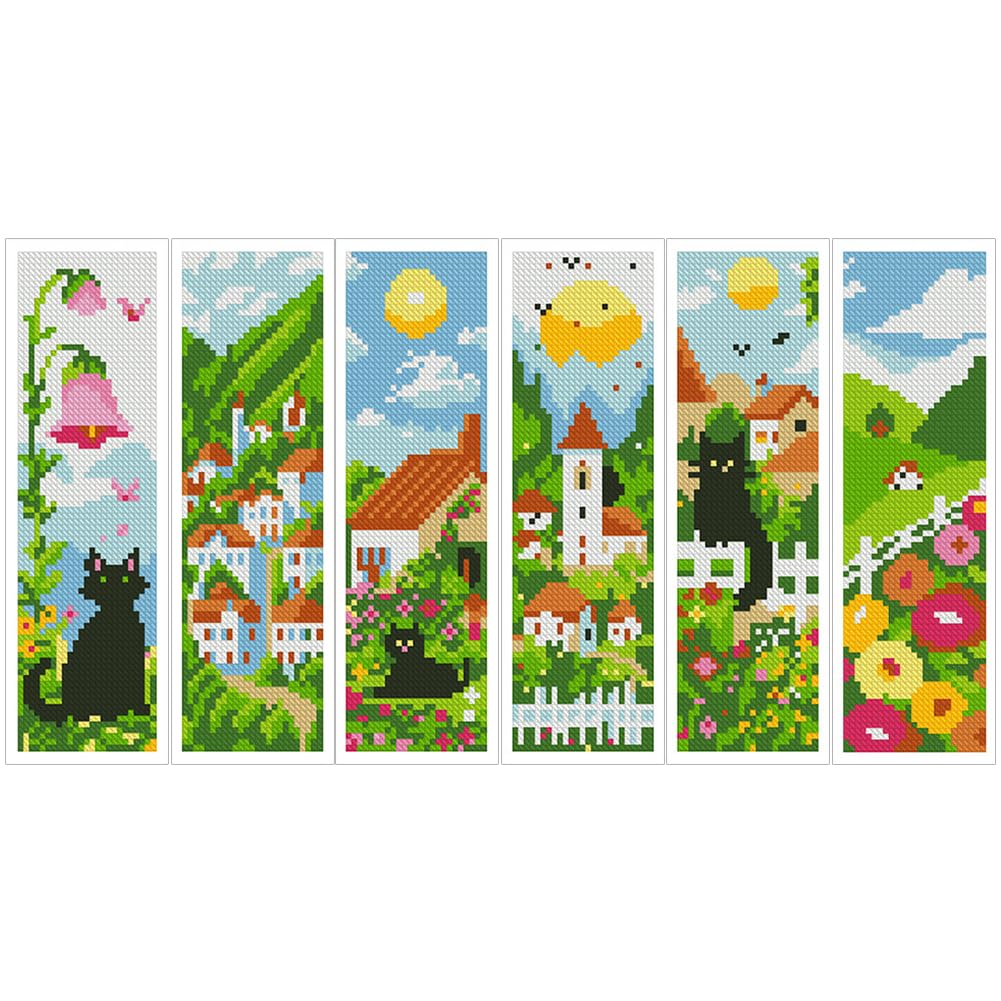 6 Pcs Pastoral Cat 11 CT DIY Stamped Cross Stitch Bookmark Kit for Book Lovers Starter Embroidery Bookmark Kit with Instruction 8x2.4inch