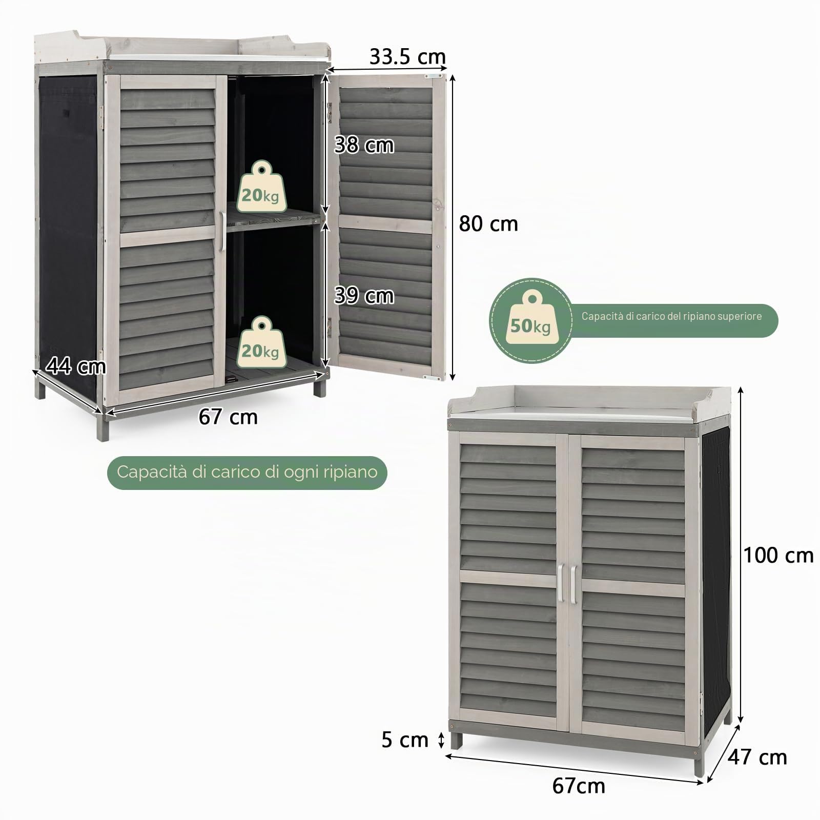 HOMASIS Tavolo da giardino per esterni, resistente alle intemperie, in legno, con armadio e piastra in metallo, tavolo da lavoro con 2 ripiani e 3 ante a rotelle, per terrazza, giardino, balcone, 67 x