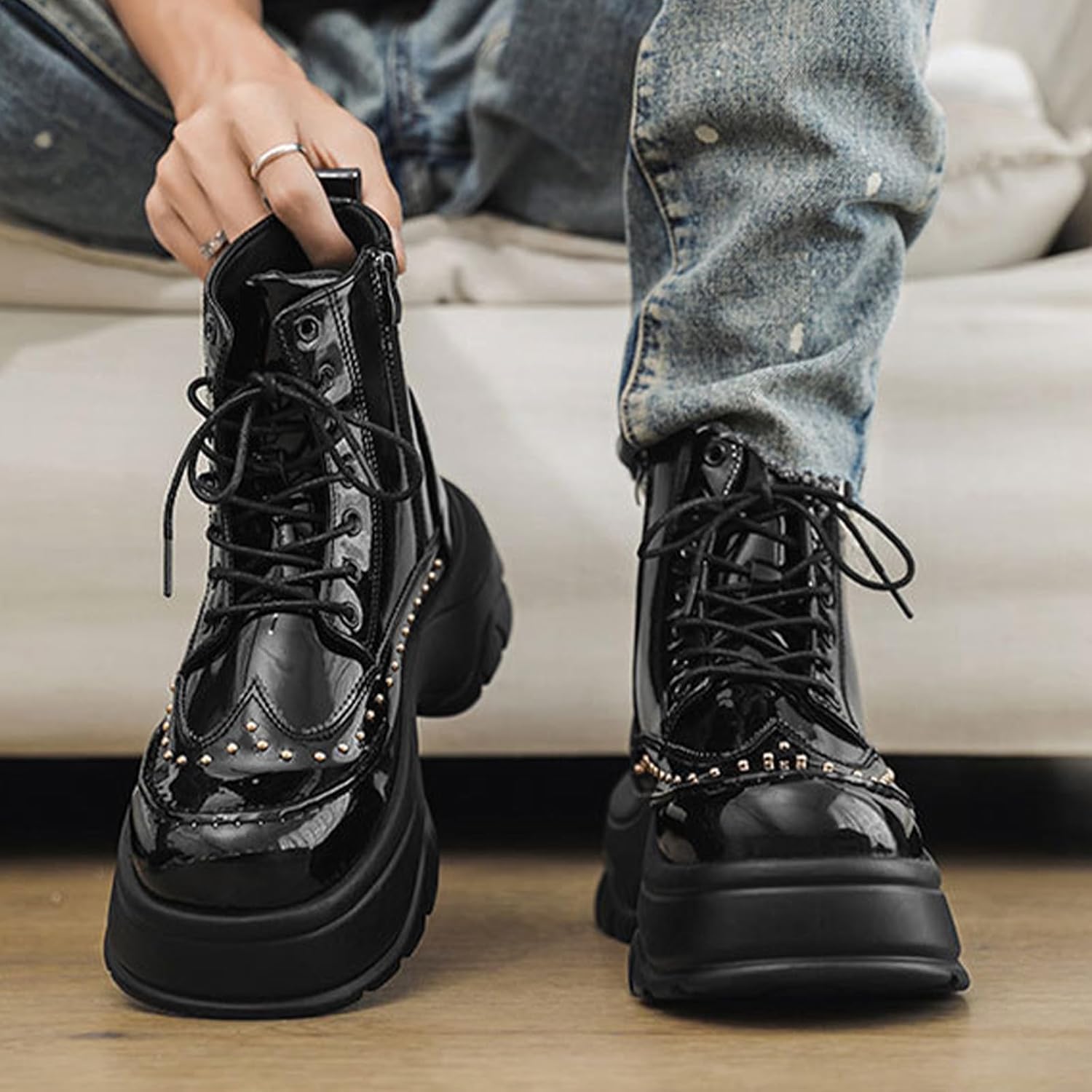 Men's Patent Leather Rivet Platform Motorcycle Boots with Side Zipper Fashion Comfortable Non Slip Chunky Block Heel Goth Dress Combat Ankle Boots for Street Biker - Image 6