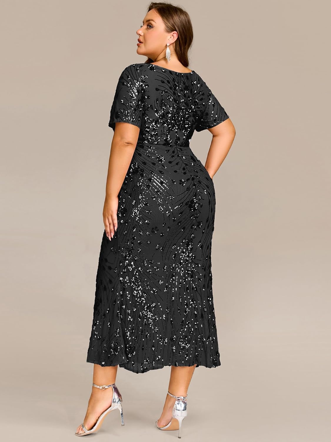 Ever-Pretty Plus Women's Short Sleeves Bodycon Sequin Ball Gown Maxi Plus Size Formal Evening Dresses Vestidos De Fiesta