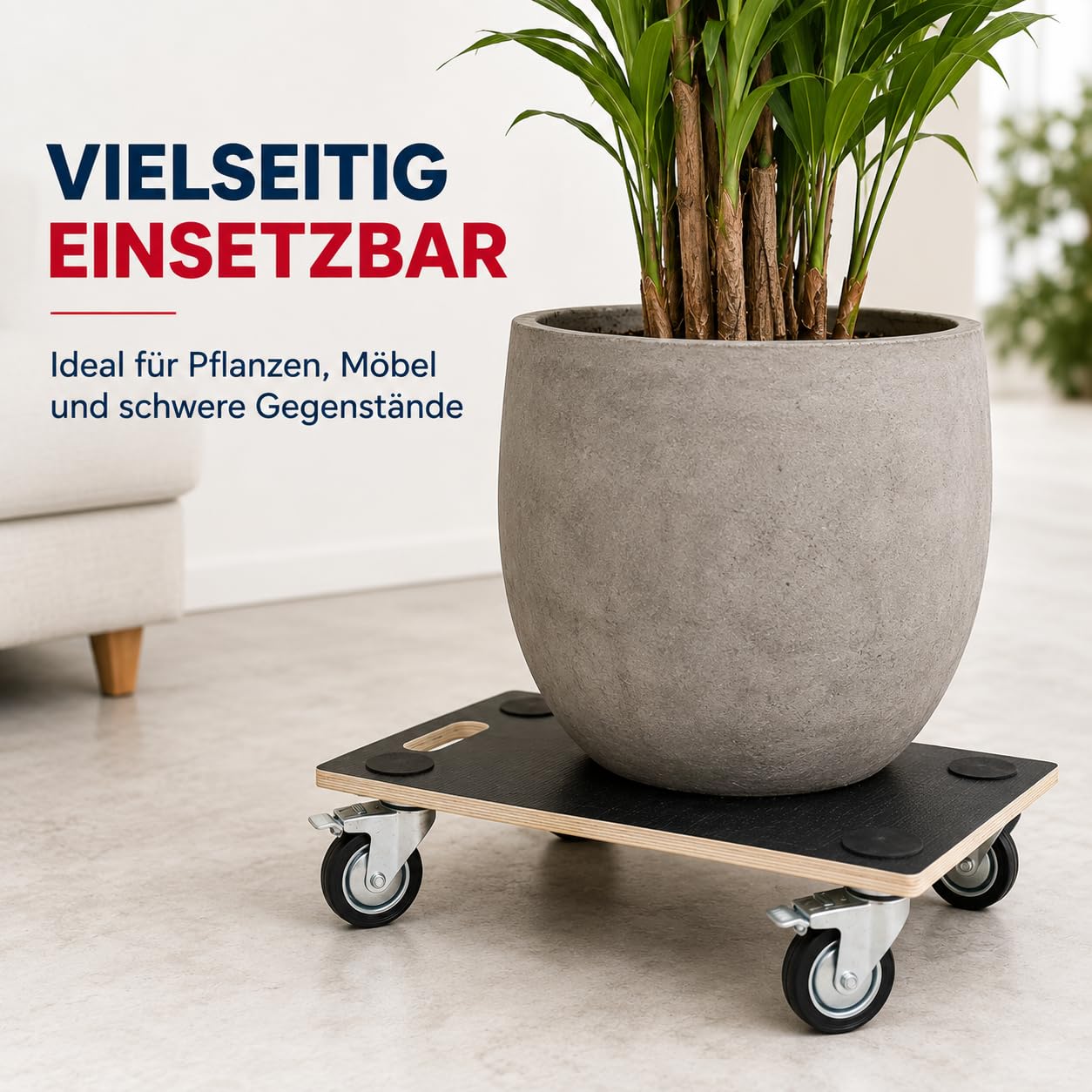 HOME It® Work Möbelroller 400 kg – Transportroller 58 x 29 cm mit 4 Lenkrollen, 2 Bremsen – 18 mm Sperrholz Rollbrett mit Anti-Rutsch-Flächen – Möbelhund für Umzug & Werkstatt
