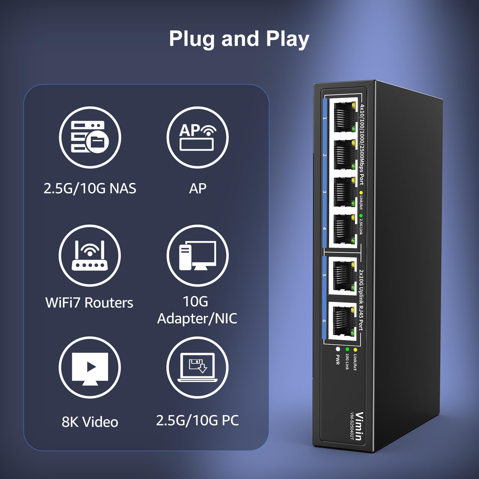 10Gb Unmanaged Ethernet Switch avec 4*2.5G Base-T Ports, 6 Ports 10G/2,5G avec 2*10GBASE-T Commutateur Réseau Non Géré, Capacité 60 Gbit/s, Network Switch Multi-Gigabit de Bureau/Mural pour NAS, PC