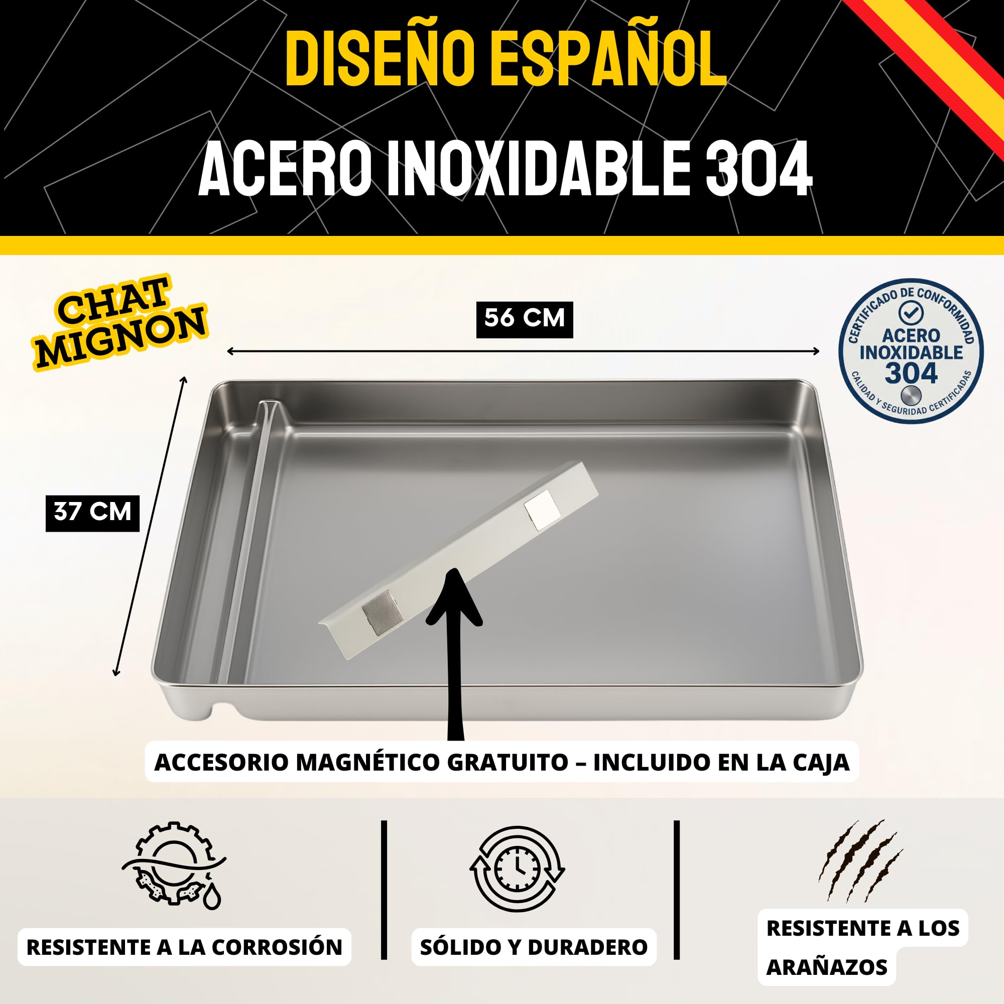 ChatMignon® – Bandeja Higiénica Reutilizable de Acero Inoxidable 304, Compatible con Pet-Safe Scoop-Free, Ultra Resistente, Anti-Olores y Manchas, Ecológica, Esquinas Redondeadas