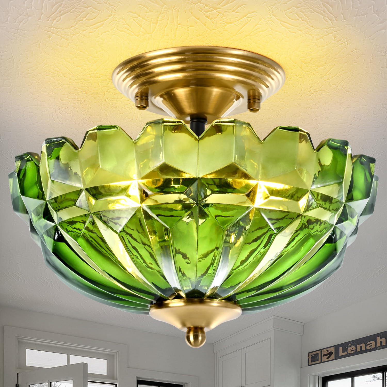 Dalouguan Semi Flush Mount Ceiling Light, 3-Light Kitchen Ceiling Lighting Fixtures with Green Glass Lampshade, Gold Modern Chandelier for Living Room Bedroom Hallway