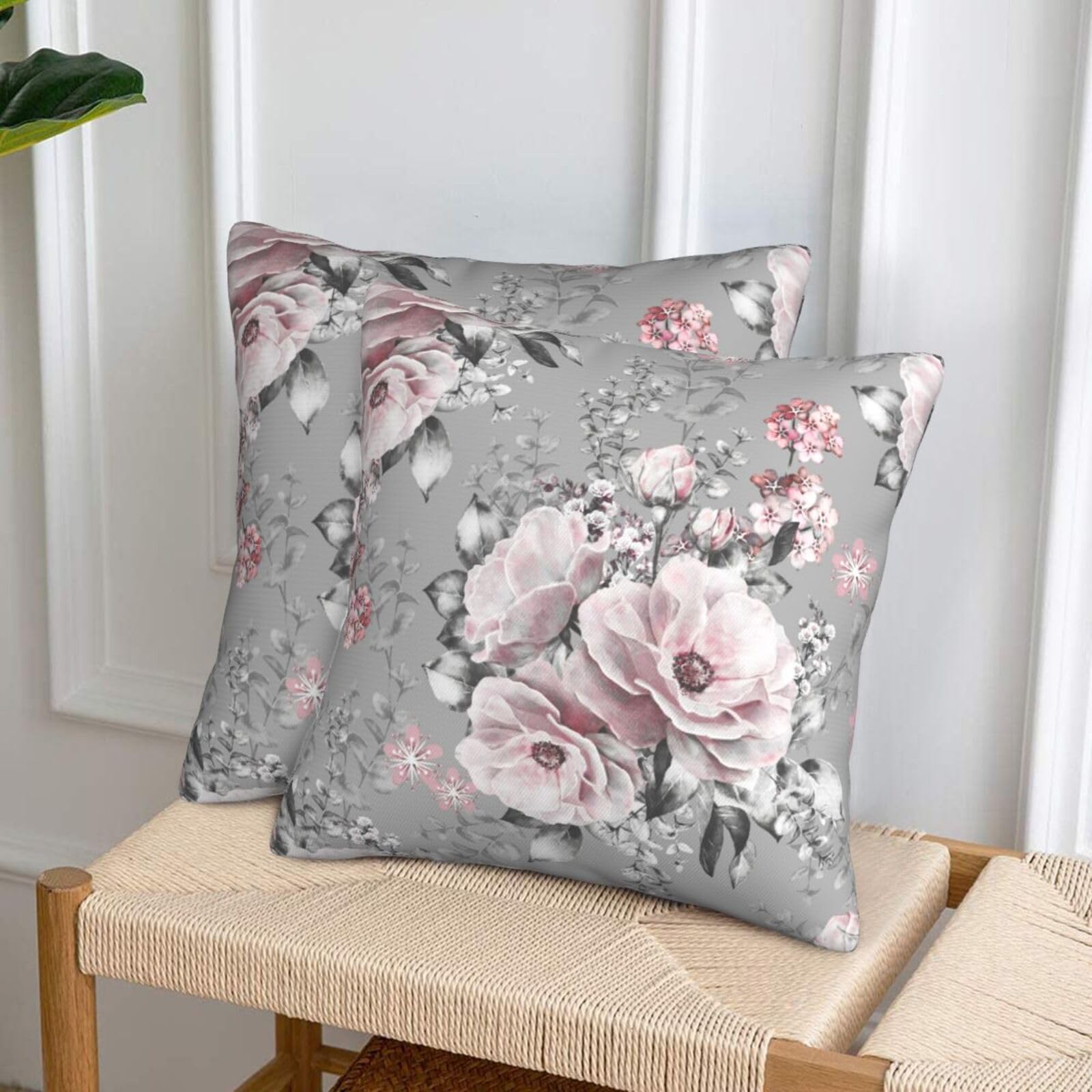Gearsly Set di 2 federe per cuscino 50,8 x 50,8 cm, con rose rosa, foglie, quadrate, decorative, per esterni, per soggiorno, ufficio, auto, decorazione per la casa
