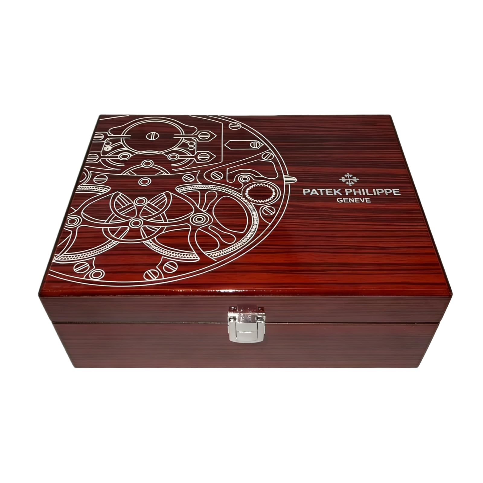 Scatola Orologi Venatura Legno Scuro Motivo Arte Meccanica Laccato Lucido Slot Singolo Custodia per Patek Philippe