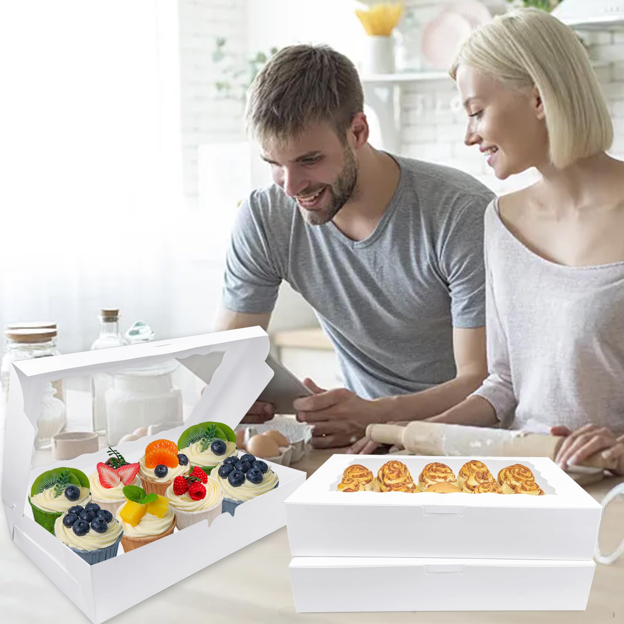 MUMULULU 7-Pack White Bakery Boxes With Window - 12x8x2.5 Inch Cookie Treat Boxes